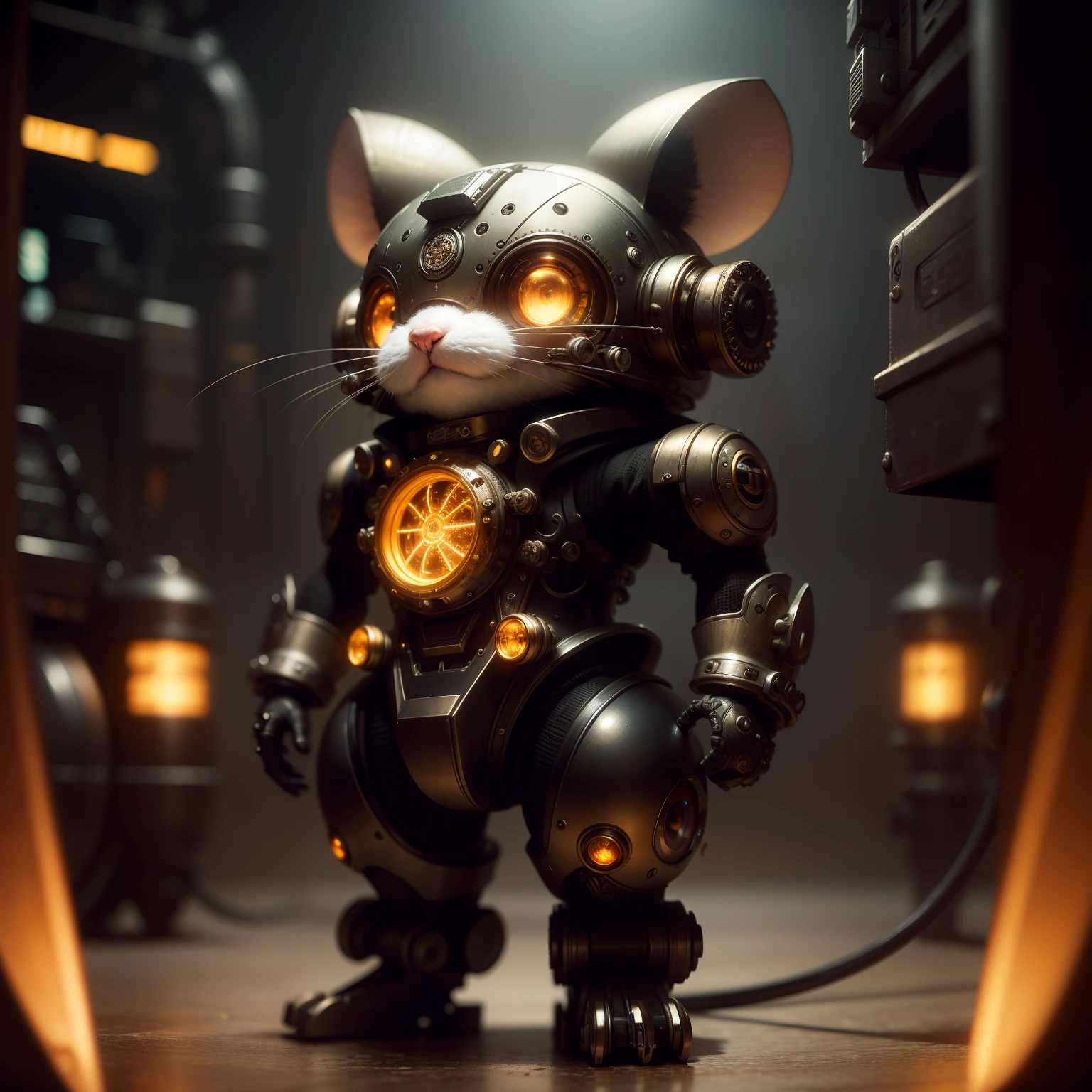 A cute little fluffy mouse,Made of metal, Cyborg, Cyberpunk Style, Clockwork, ((Intricate details)), hdr, Big eyes, ((Intricate details, ultra - detailed)), Vacuum tubes or tubes, cinema shot, Vignette, Bokeh effect Baker ground