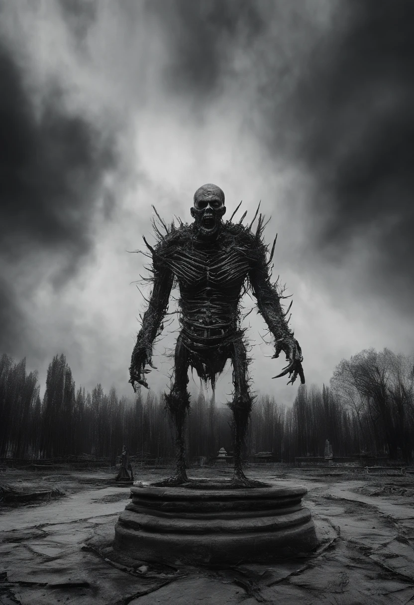 karo, China,zombi, unholy, Teeth become longer, Black and white style, heavy grain, High detail, Cinematic composition, Dramaticlight, deformation, super wide shot, Hyperrealistic,photorealestic