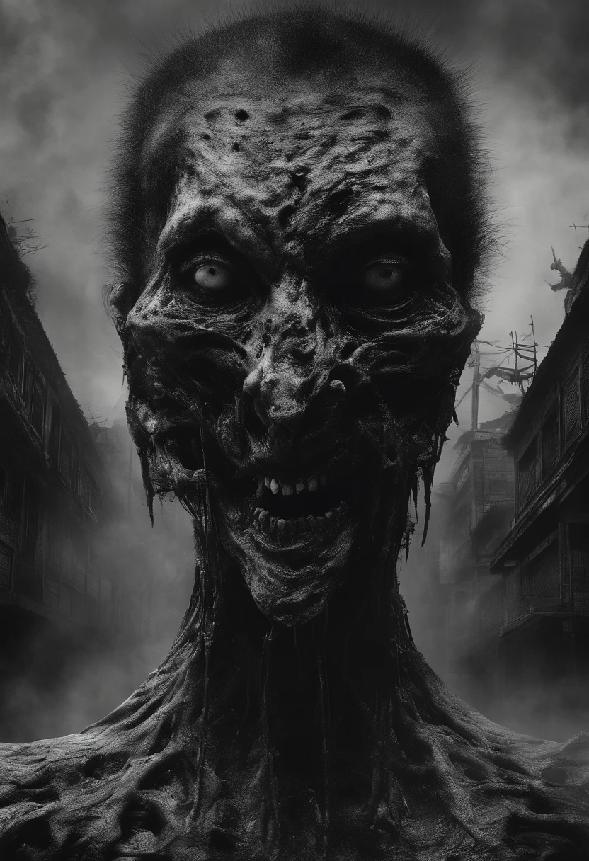 karo, China，zombi, unholy, Teeth become longer, Black and white style， heavy grain, High detail, Cinematic composition, Dramaticlight, deformation, super wide shot, Hyperrealistic，photorealestic