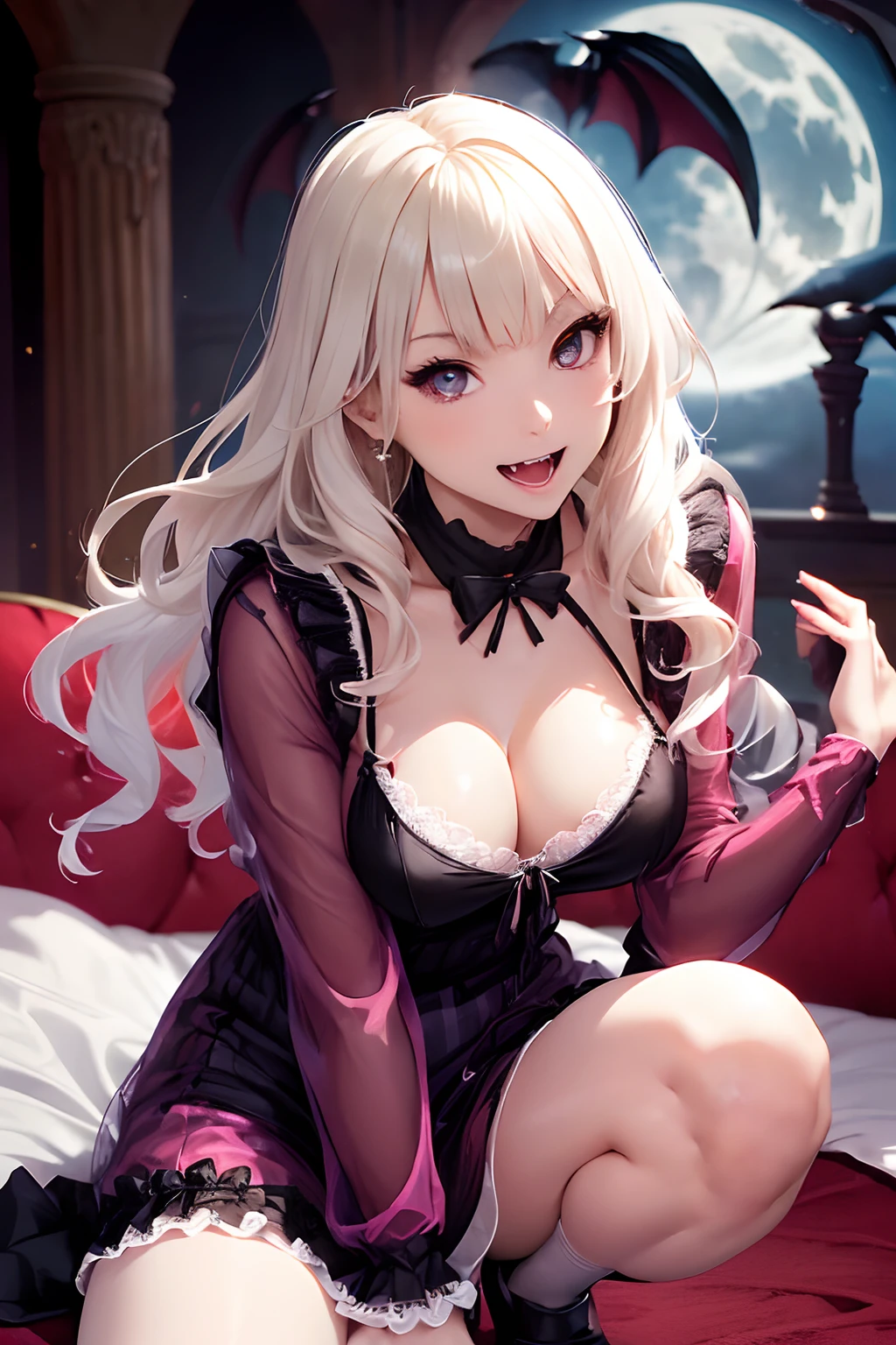 (((Vampire Fangs: 1.8)))、natta、Moon Night、deep in the night、Western-style ancient capital、european castles、a woman vampire、(((Sexy Dracula)))、(((Fang teeth:1)))、((Vampire Fangs:1))、((tusk))、female vampire、A sexy、pale skin、((pale skin))、Melancholy beautiful face、Beautiful expression、Sexy face、Nipple bumps, (((Lower breast)))、knee high socks、(((Big ))), Beautiful 、long boots、Super fine face、Delicat eyes、Double eyelids、Jump Aheface、Mansuji、Sujiman、 Line、(Doya face)、((((negligee)))),