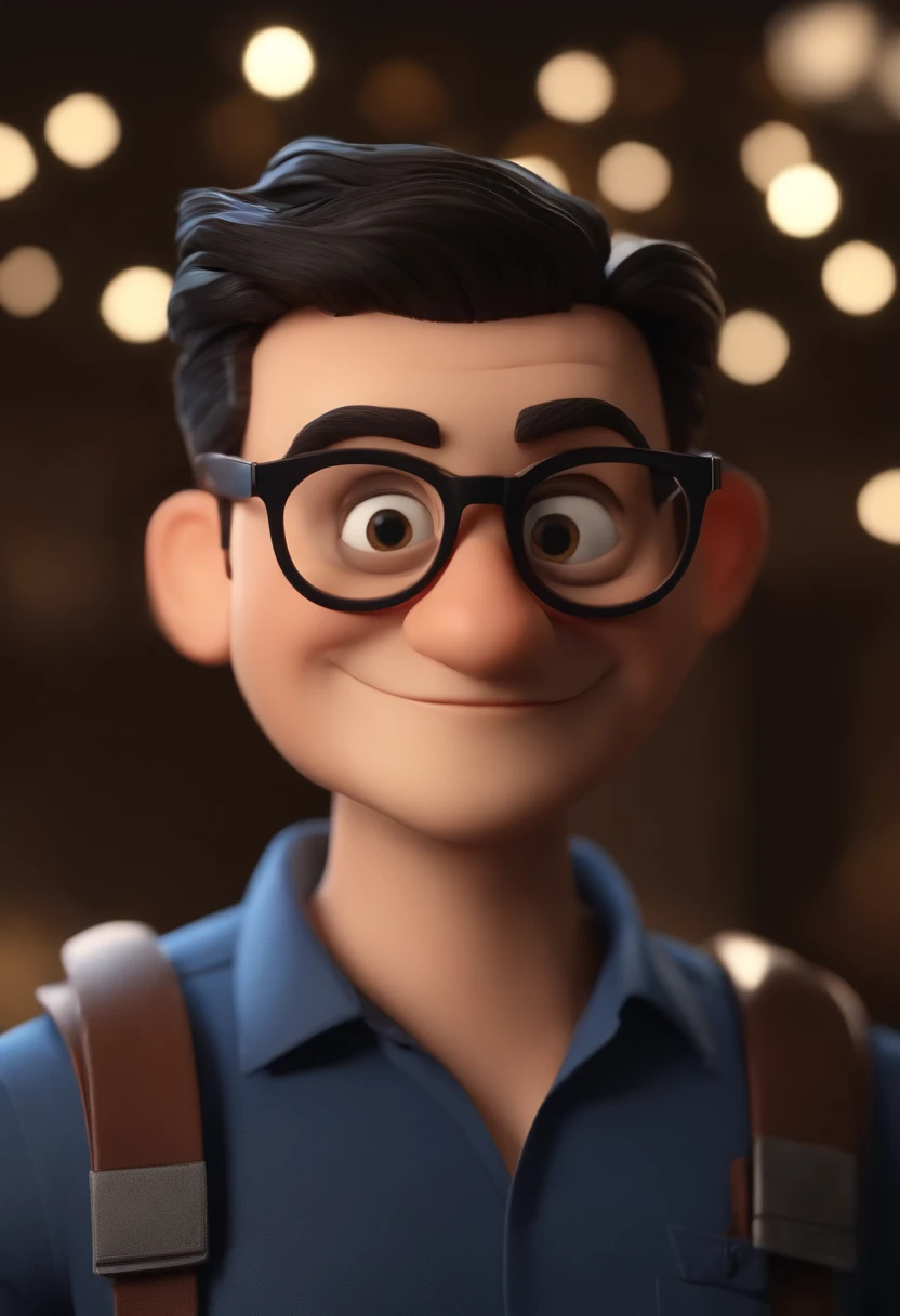 Cartoon character of a man wearing black glasses and a blue shirt, um personagem animado, Caractere estilizado, animation style rendering, 3D estilizado, Arnold Maya render, 3 d render stylized, toon render keyshot, Personagem 3D, Personagem 3D, 3d rendering stylized, 3 d character render, personagem de desenho animado, Personagem de close up, Pose de personagem, (Estilo Pixar) (master part:1.2) (Bokeh) (best quality) (pele detalhada) (textura detalhada) (8k) (argila) (Cinematic lighting) (foco nítido，Senta e vaza a parte superior do corpo