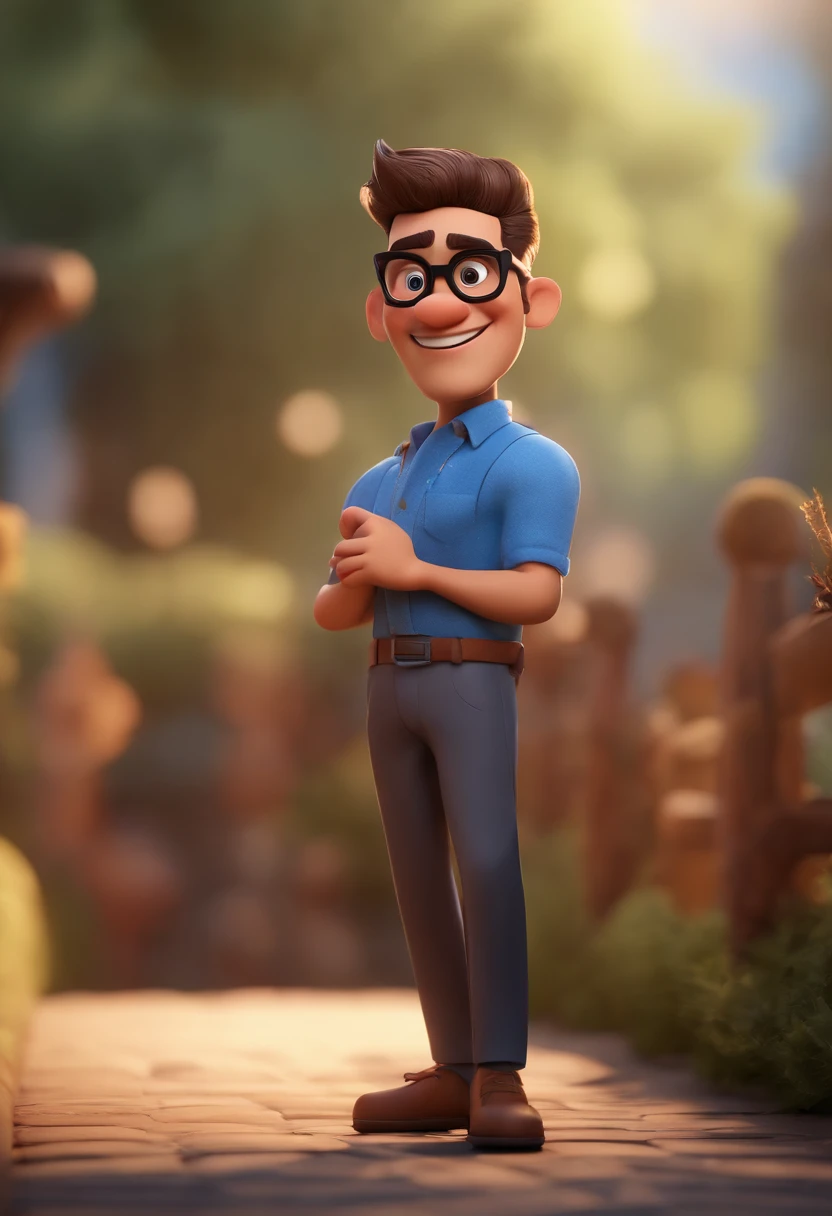 Cartoon character of a man with black glasses, cabelo cacheado marrom escuro e uma camisa azul, animation character, Caractere estilizado, animation style rendering, 3D estilizado, Arnold Maya render, 3 d render stylized, toon render keyshot, Personagem 3D, Personagem 3D, 3d rendering stylized, 3 d character render, personagem de desenho animado, Personagem de close up, Pose de personagem,  (Estilo Pixar) (master part:1.2) (Bokeh) (best quality) (pele detalhada) (textura detalhada) (8k) (argila) (Cinematic lighting) (foco nítido