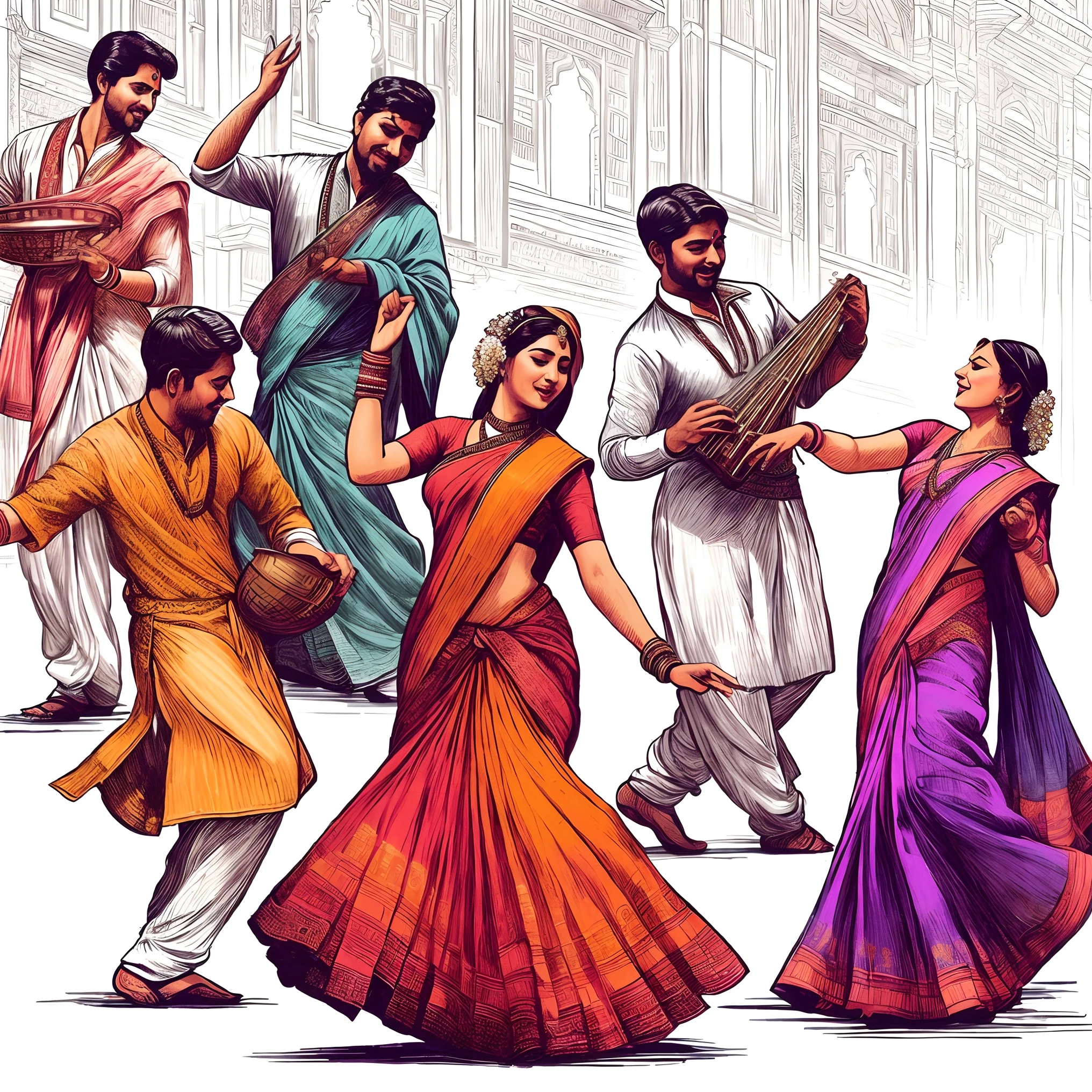 a group of people in indian clothing dancing and playing instruments, indian art, movie promotional image, dance scene, traditional drawing style, dancing people, bollywood, dancers, by Odhise Paskali, people dancing, by Jitish Kallat, folkloric illustration, inspired by T. K. Padmini, traditional painting, style in digital painting