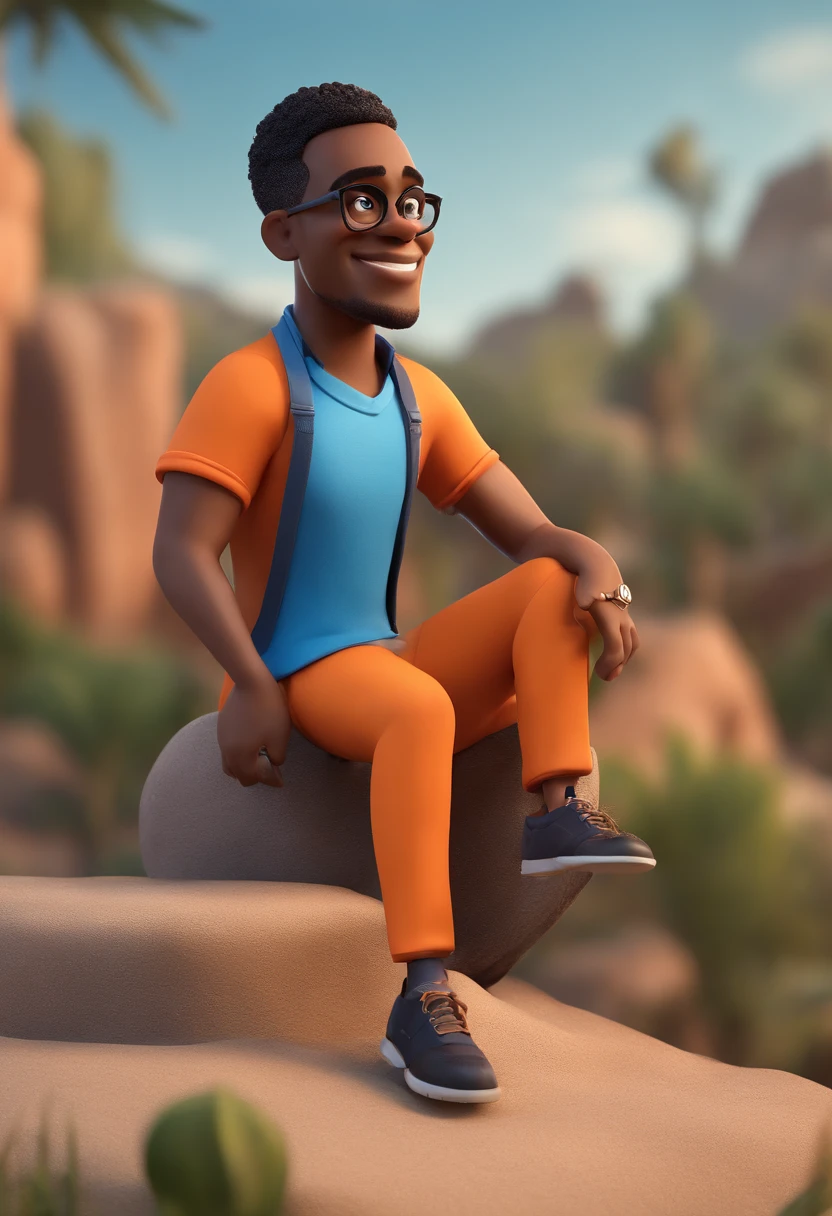 Cartoon character of an adult black man with short hair with black glasses and an orange shirt, com a gola azul, animation character, Caractere estilizado, animation style rendering, 3D estilizado, Arnold Maya render, 3 d render stylized, toon render keyshot, Personagem 3D, Personagem 3D, 3d rendering stylized, 3 d character render, personagem de desenho animado, Personagem de close up, Pose de personagem,  (Estilo Pixar) (master part:1.2) (Bokeh) (best quality) (pele detalhada) (textura detalhada) (8k) (argila) (Cinematic lighting) (foco nítido