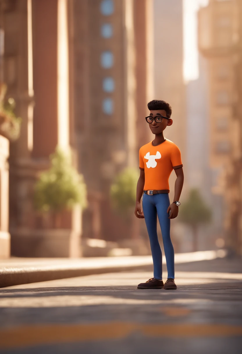 Cartoon character of an adult black man with short hair with black glasses and an orange shirt, com a gola azul, animation character, Caractere estilizado, animation style rendering, 3D estilizado, Arnold Maya render, 3 d render stylized, toon render keyshot, Personagem 3D, Personagem 3D, 3d rendering stylized, 3 d character render, personagem de desenho animado, Personagem de close up, Pose de personagem,  (Estilo Pixar) (master part:1.2) (Bokeh) (best quality) (pele detalhada) (textura detalhada) (8k) (argila) (Cinematic lighting) (foco nítido