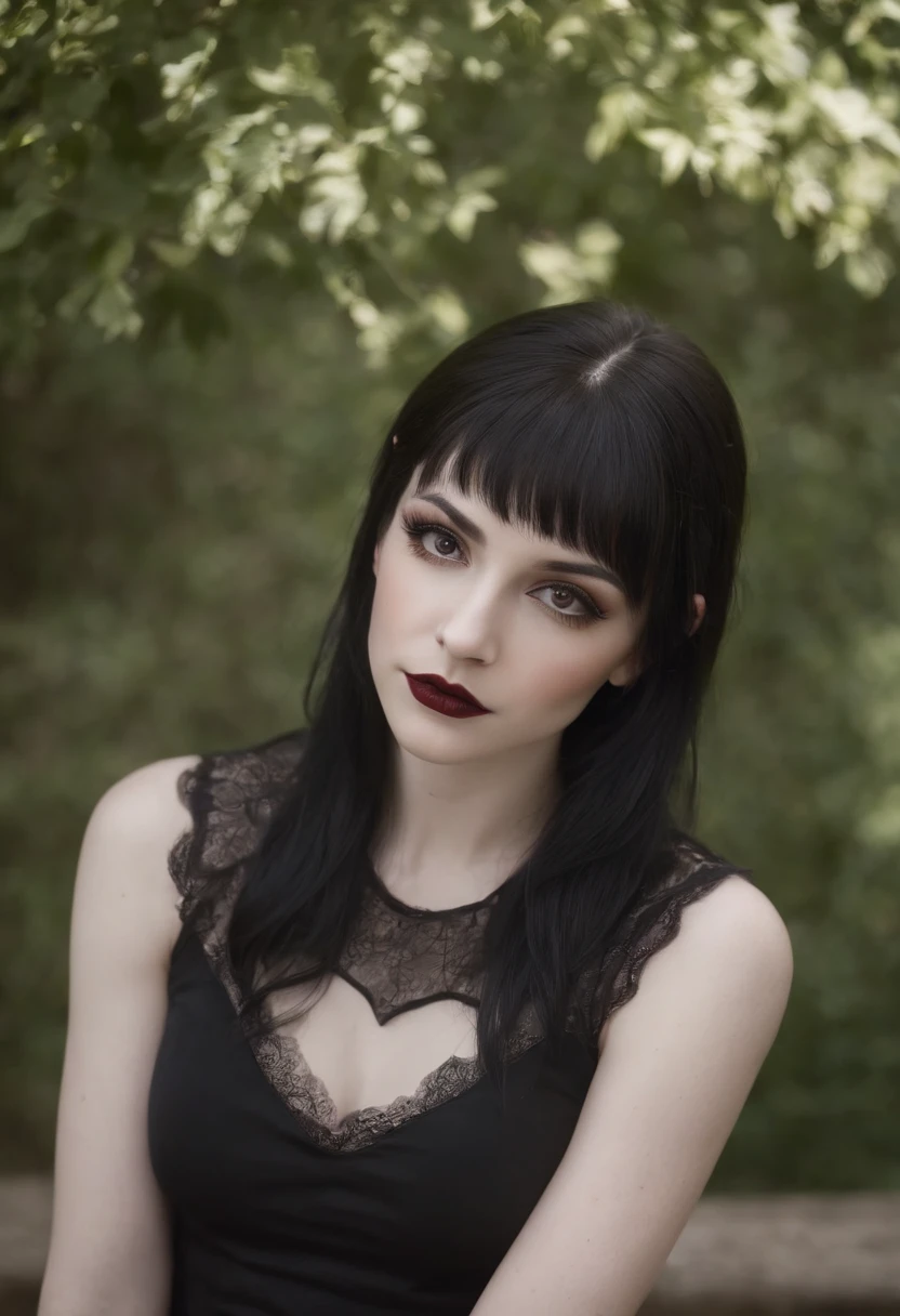 goth girl, Pale-skinned girl, Pelo largo negro con flequillo, cintura delgada, muslos gruesos, piernas tonificadas, biceped, camiseta sin mangas negra, Pantalones negros rasgados, Goth makeup, delineador rojo, en un jardin