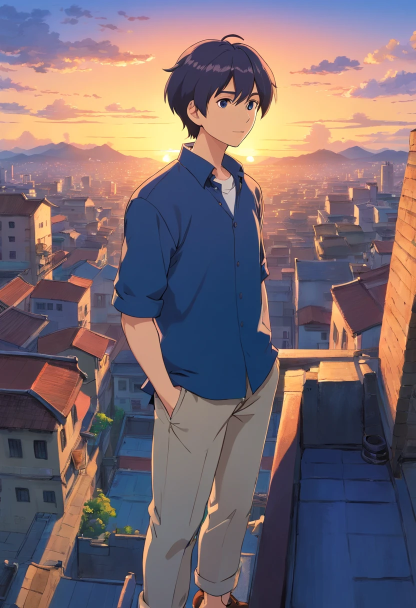 Very short hairstyle, Japanese anime man with short hair, narrow beard on chin, 40 years old, full body, wearing dark blue set-up, white shirt, rooftop of building with sunset view
