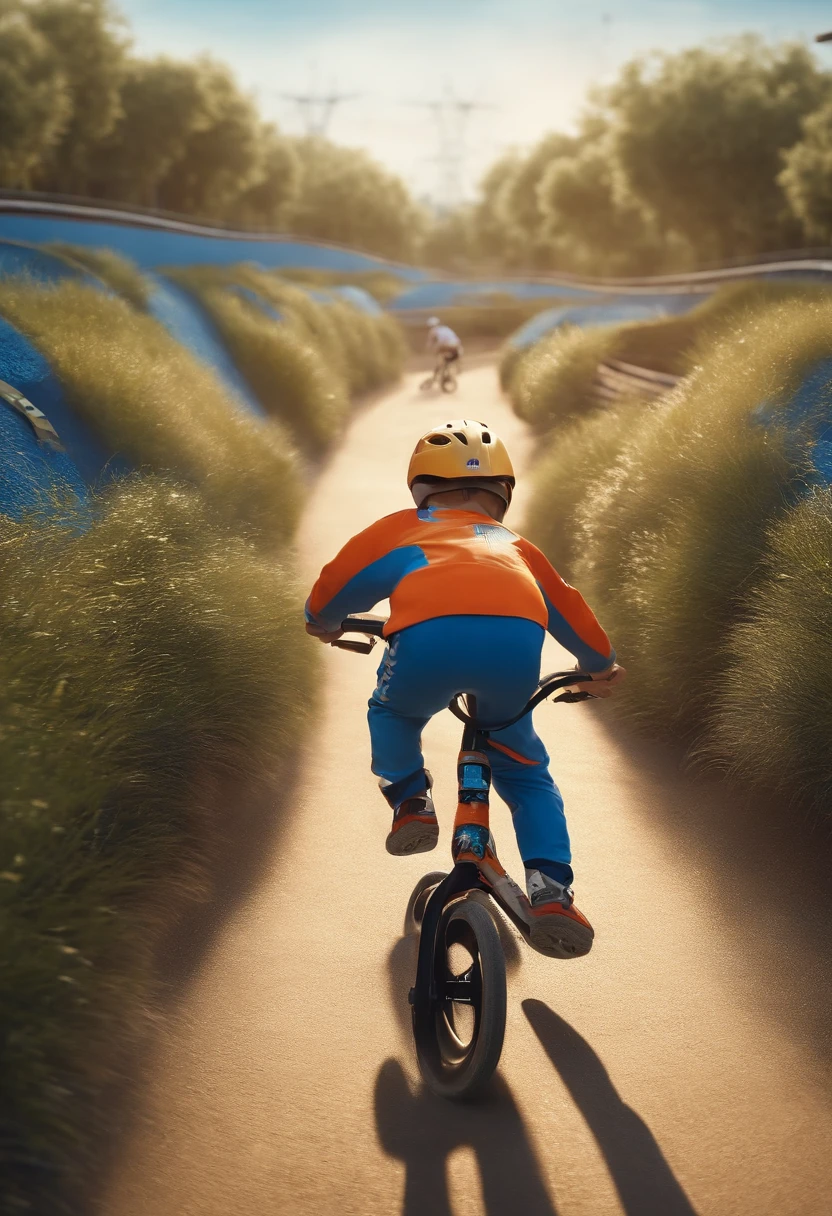 There's a 3-year-old boy, cabelos louros curtos cacheados, andando de bicicleta azul em uma pista de BMX, with Olympic BMX track background, estilo Pixar 3D
