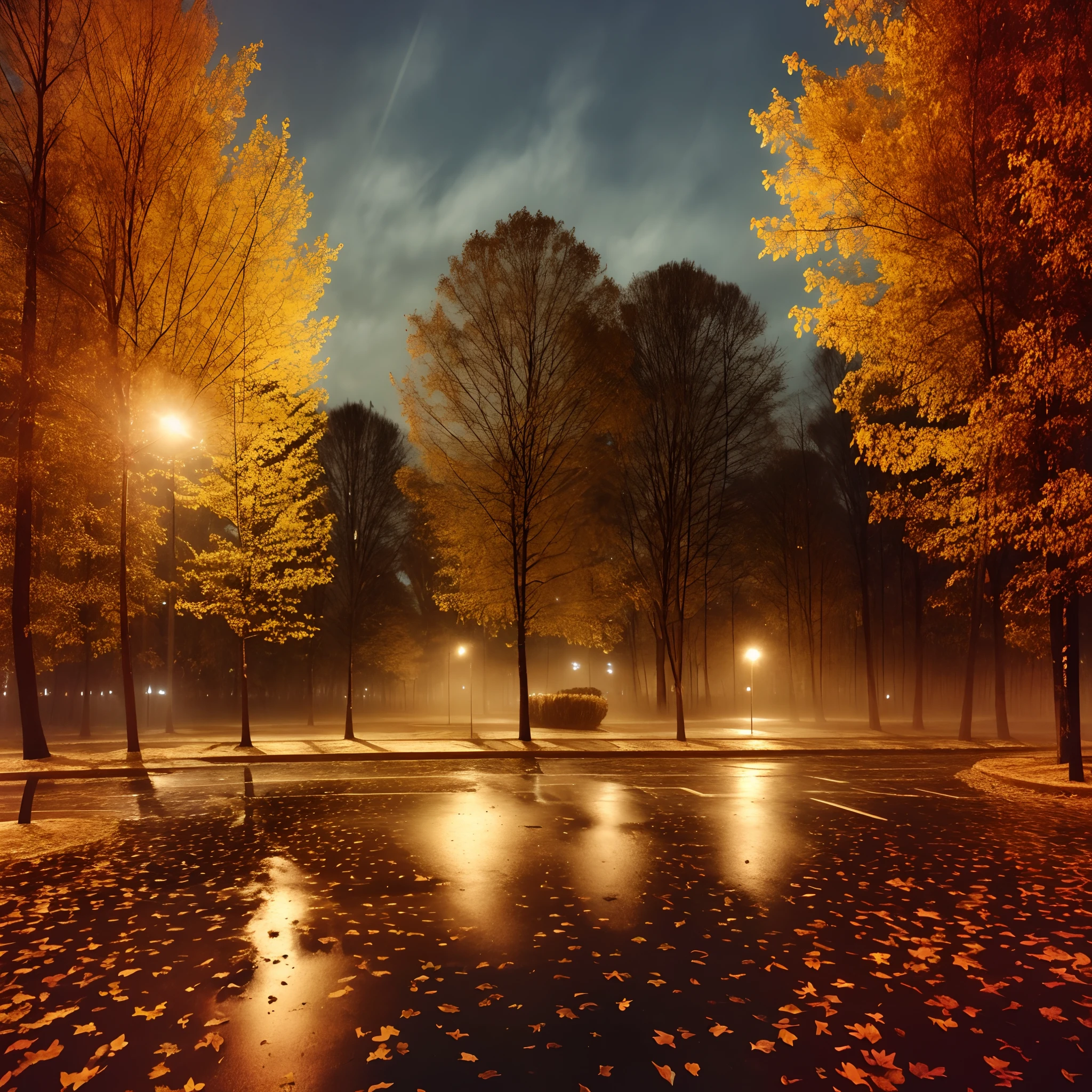 foto realista, hiquality, Night in town, modern town, Wet weather, dark night, wet grass, autumn leaves, big trees, Urban lawn, Large Soviet Houses, city lights, City Lighting at Night, tall trees, City Square, intricate details, ultra detailed, rim lighting, side lighting, cinematic light, ultra high res, 8k uhd, film grain,best shadow, delicate, RAW