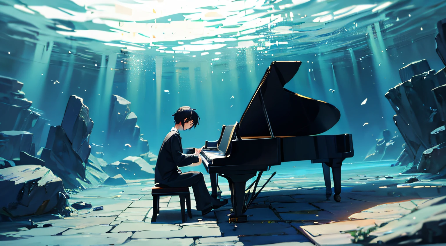 Your Lie In April, a boy with black hair plays the piano underwater, shining bright,