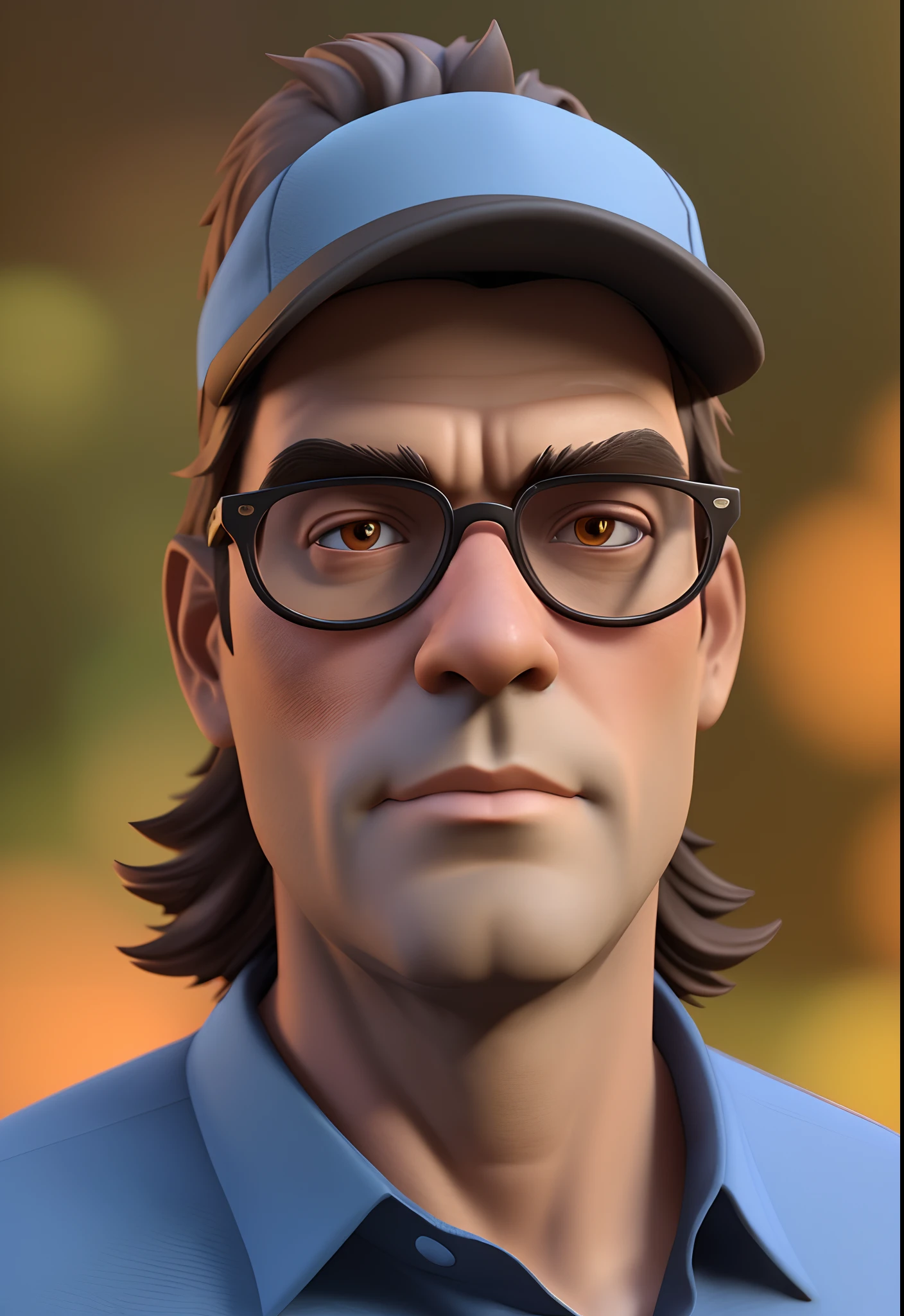 Cartoon character of a tall strong man wearing black glasses and a blue shirt, um personagem animado, Caractere estilizado, animation style rendering, 3D estilizado, Arnold Maya render, 3 d render stylized, toon render keyshot, Personagem 3D, Personagem 3D, 3d rendering stylized, 3 d character render, personagem de desenho animado, Personagem de close up, Pose de personagem, (Estilo Pixar) (master part:1.2) (Bokeh) (best quality) (pele detalhada) (textura detalhada) (8k) (argila) (Cinematic lighting) (foco nítido，Senta e vaza a parte superior do corpo