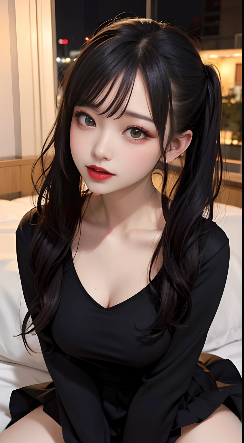 Lustful Girl, gothic dress, Estrus girl, , Twin-tailed, Shirt, Thigh strap, Bag, Long sleeves, Black shirt、skirt rift。White underwear、Sheer underwear、At the hotel、night landscape、on the bed、NSFW, oral sex,POV , Paizuri, (((Sweat))',glareing、twin-tail hair、Red Eye Shadow、heavy make up、makeup、Black Long Hair