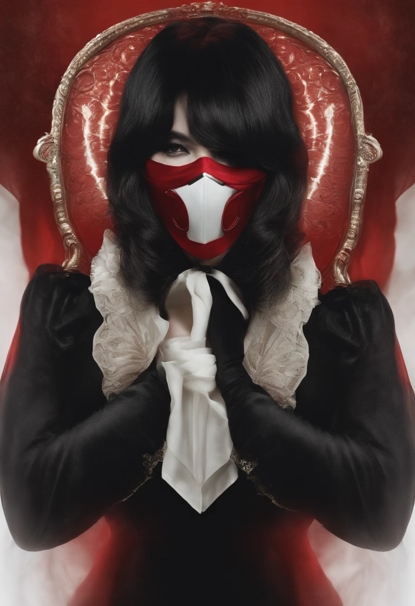 woman，Long black antique hair，Wearing a face mask on his face，Wear a slim stab customer service，The eyes are one red and one black