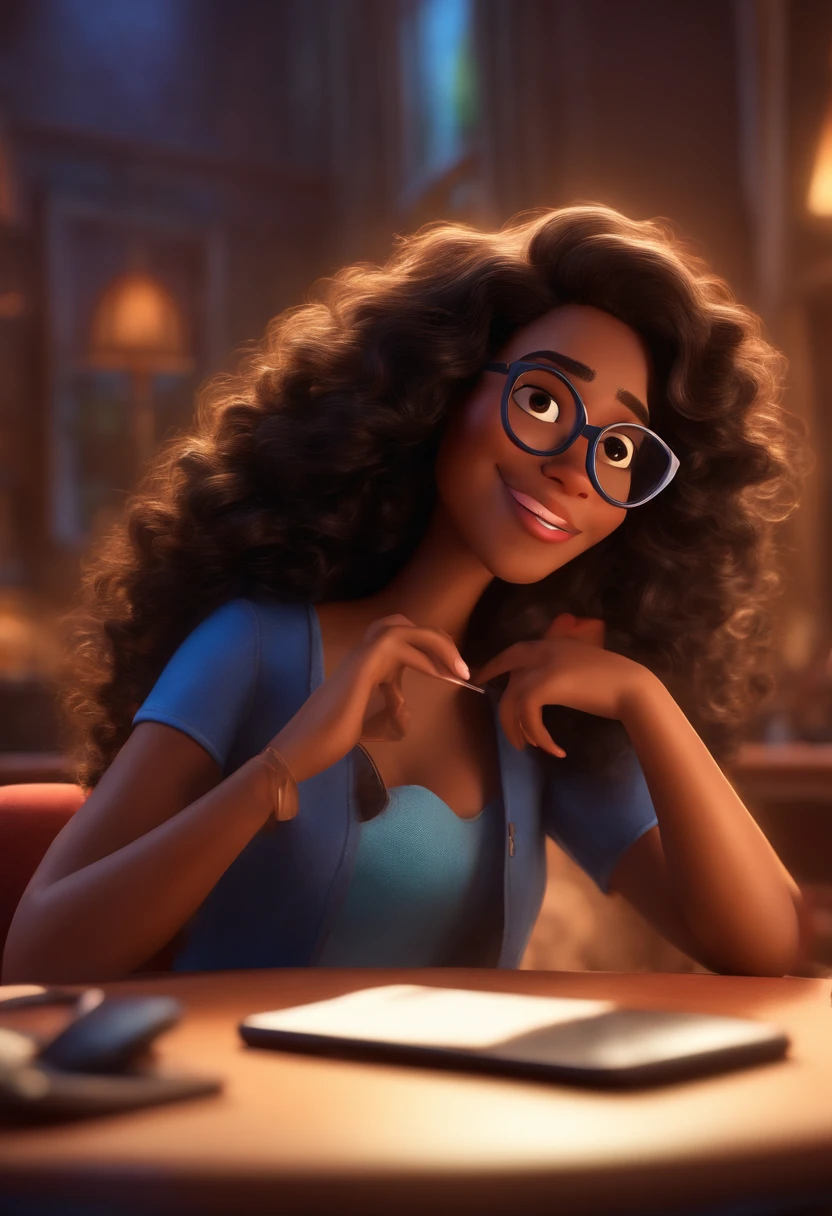 Pixar style image with 3D character glasses black brunette woman long curly hair sitting watching cell phone, Maquiagem Disney, sorridente ,Close-up, Pixar, Disney, Cinema lighting,