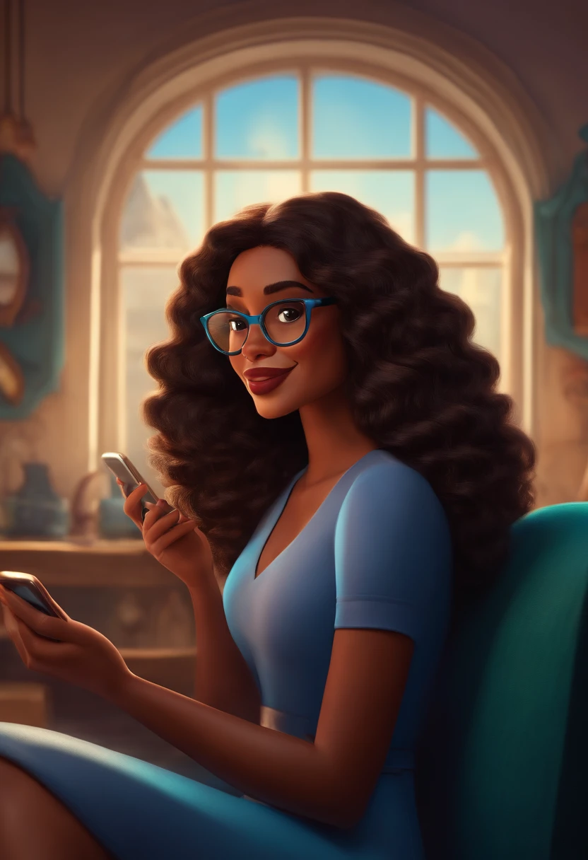 Pixar style image with 3D character glasses black brunette woman long curly hair sitting watching cell phone, Maquiagem Disney, sorridente ,Close-up, Pixar, Disney, Cinema lighting,