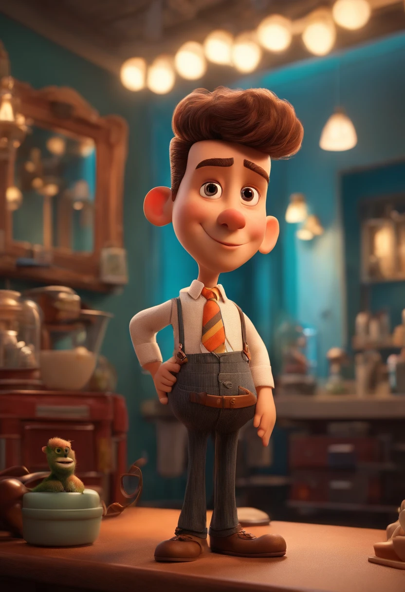 A Dream Barber Inspired by Pixar Animation, de perto. The character takes center stage with captivating facial expressions, oferecendo um toque de irrealidade, Cabelo curto e gordinho gradiente