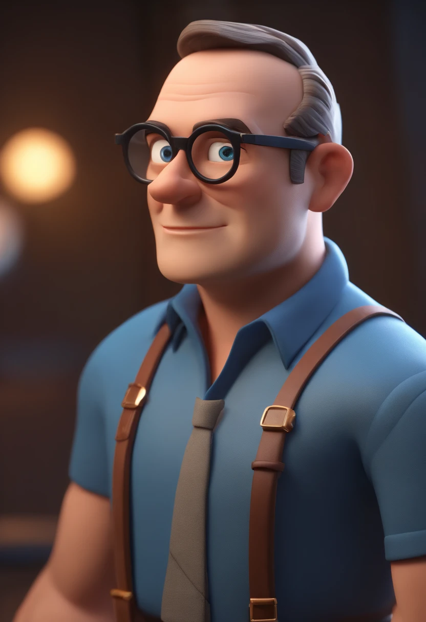 Cartoon character of a man wearing black glasses and a blue shirt, um personagem animado, Caractere estilizado, animation style rendering, 3D estilizado, Arnold Maya render, 3 d render stylized, toon render keyshot, Personagem 3D, Personagem 3D, 3d rendering stylized, 3 d character render, personagem de desenho animado, Personagem de close up, Pose de personagem, (Estilo Pixar) (master part:1.2) (Bokeh) (best quality) (pele detalhada) (textura detalhada) (8k) (argila) (Cinematic lighting) (foco nítido,Senta e vaza a parte superior do corpo