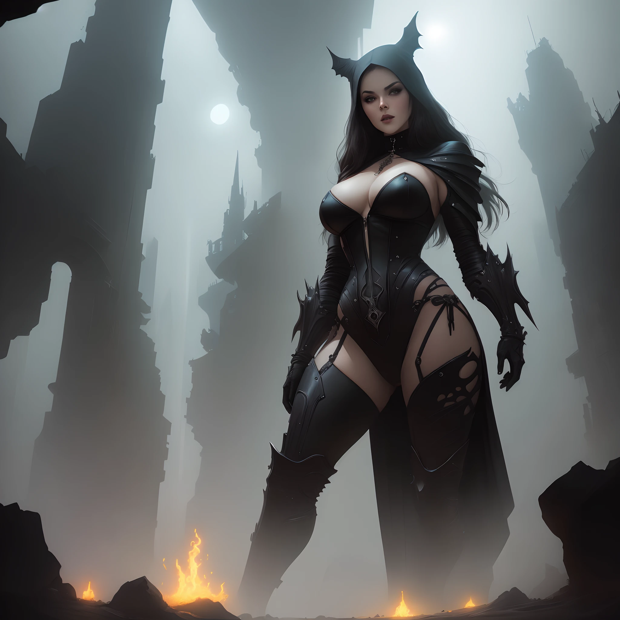 Masterpiece, best quality, "Gothic Futuristic Seductress", Artstation, by Frank Frazetta, by Simon Bisley, by Luis Royo, by H.R. Giger, by Ashley Wood, by Bill Sienkiewicz, by Ryan Meinerding, by Ian McQue, by Syd Mead, by Frank Frazetta. The image should feature a mysterious, seductive woman in revealing clothing, posed in an otherworldly, gothic and futuristic setting. with a dark, brooding presence. The atmosphere should be charged with electric energy and filled with dark, ominous shadows.