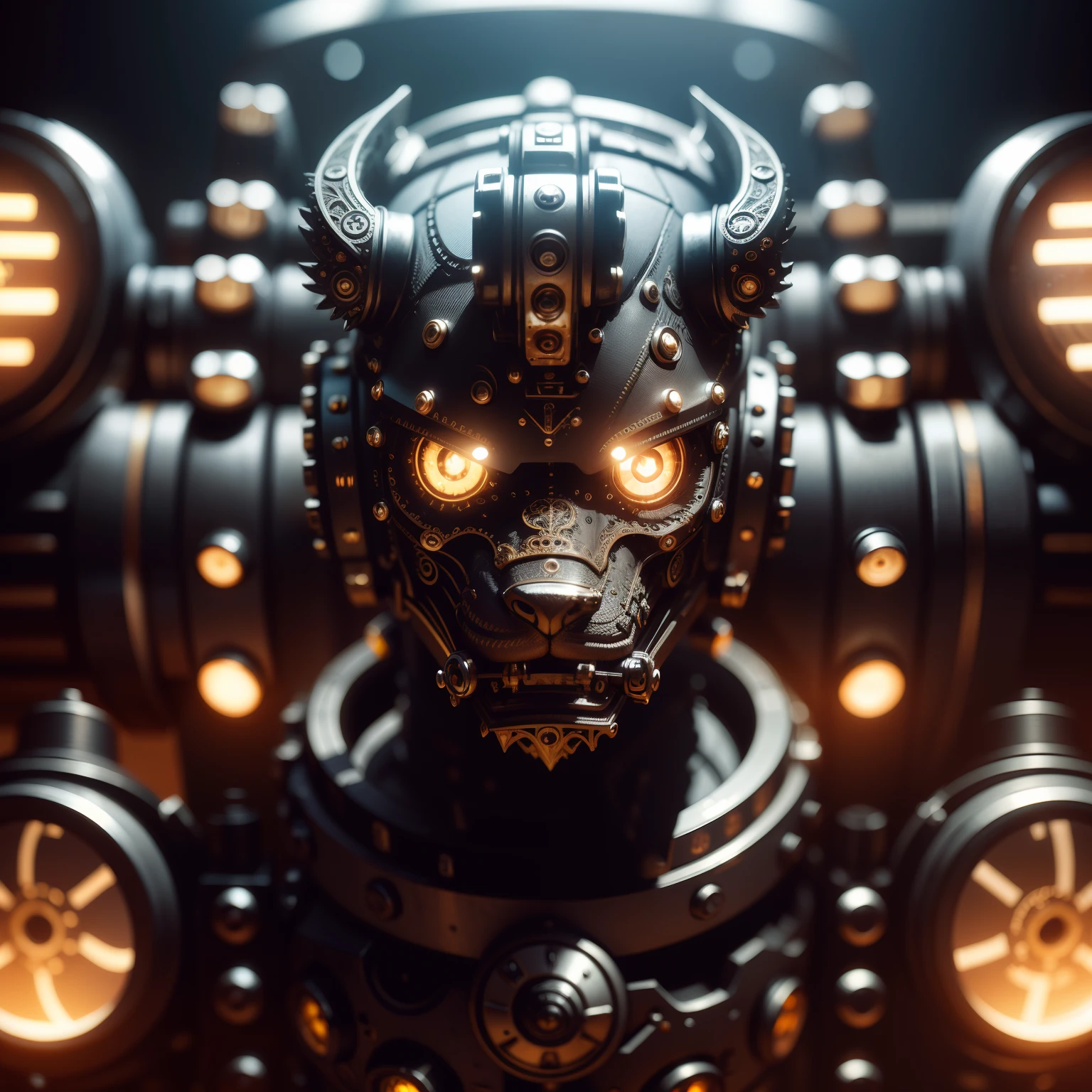 Cute hairy calf,Made of metal, Cyborg, Cyberpunk Style, Clockwork, ((Intricate details)), hdr, Big eyes, ((Intricate details, ultra - detailed)), Vacuum tubes or tubes, cinema shot, Vignette, Bokeh effect Baker ground