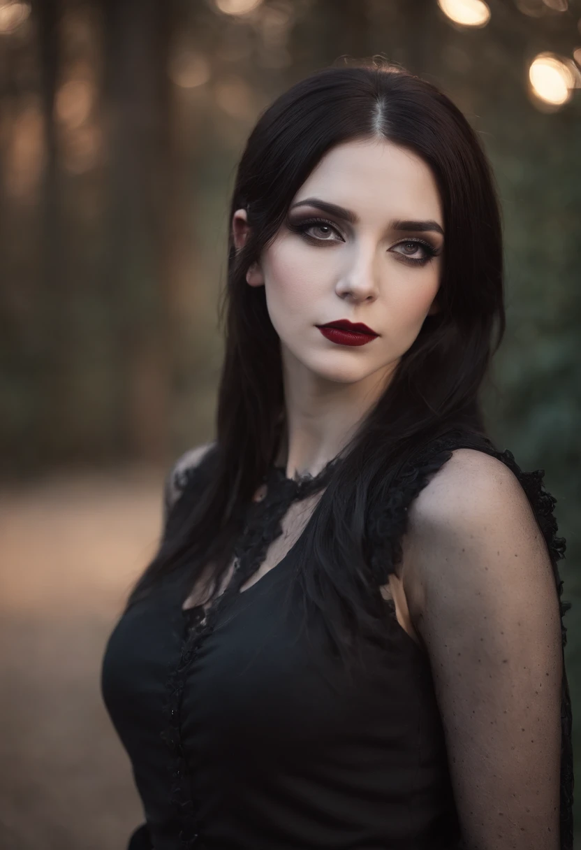 goth girl, Pale-skinned girl, Pelo largo ????? con flequillo, cintura delgada, muslos gruesos, piernas tonificadas, biceped, camiseta sin mangas negra, Pantalones negros rasgados, Goth makeup, delineador rojo, en un club
