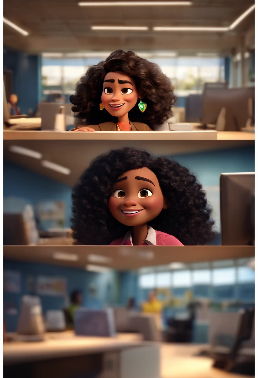 Pixar style image without glasses of 3D character black brunette woman long curly hair sitting in advertising office, Maquiagem Disney, sorridente ,Close-up, Pixar, Disney, Cinema lighting,
