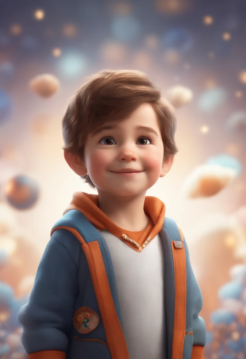 a happy cute kid standing short hair, vestindo uma fantasia espacial, , fundo branco, barnet, Tom, Estilo Pixar, ....3d, desenhos animados, rosto detalhado, asymmetrical 16k