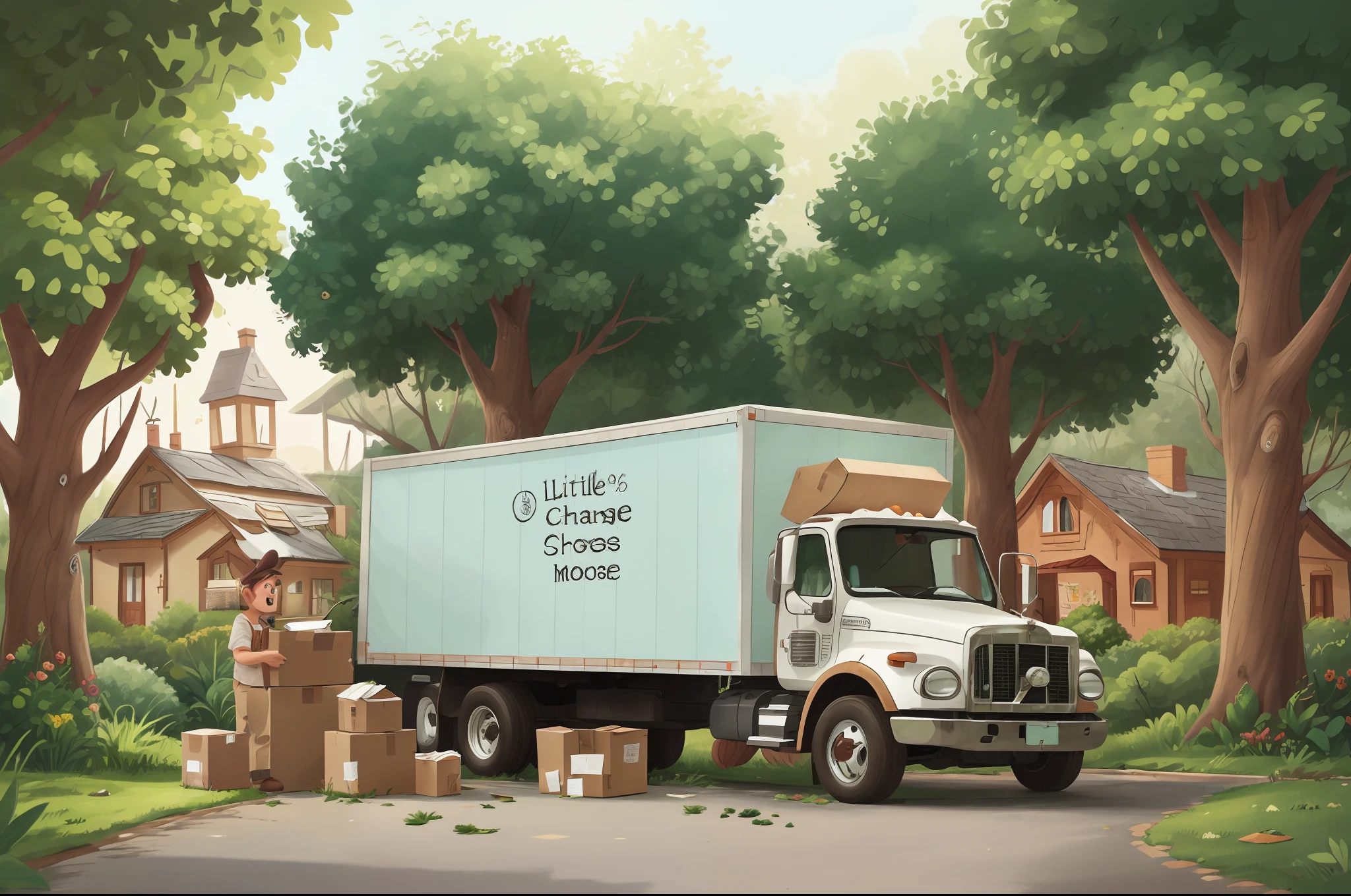 Moving Truck
With a sign written Lopes Change
Box Truck
Standing in front of a little house with trees on the street