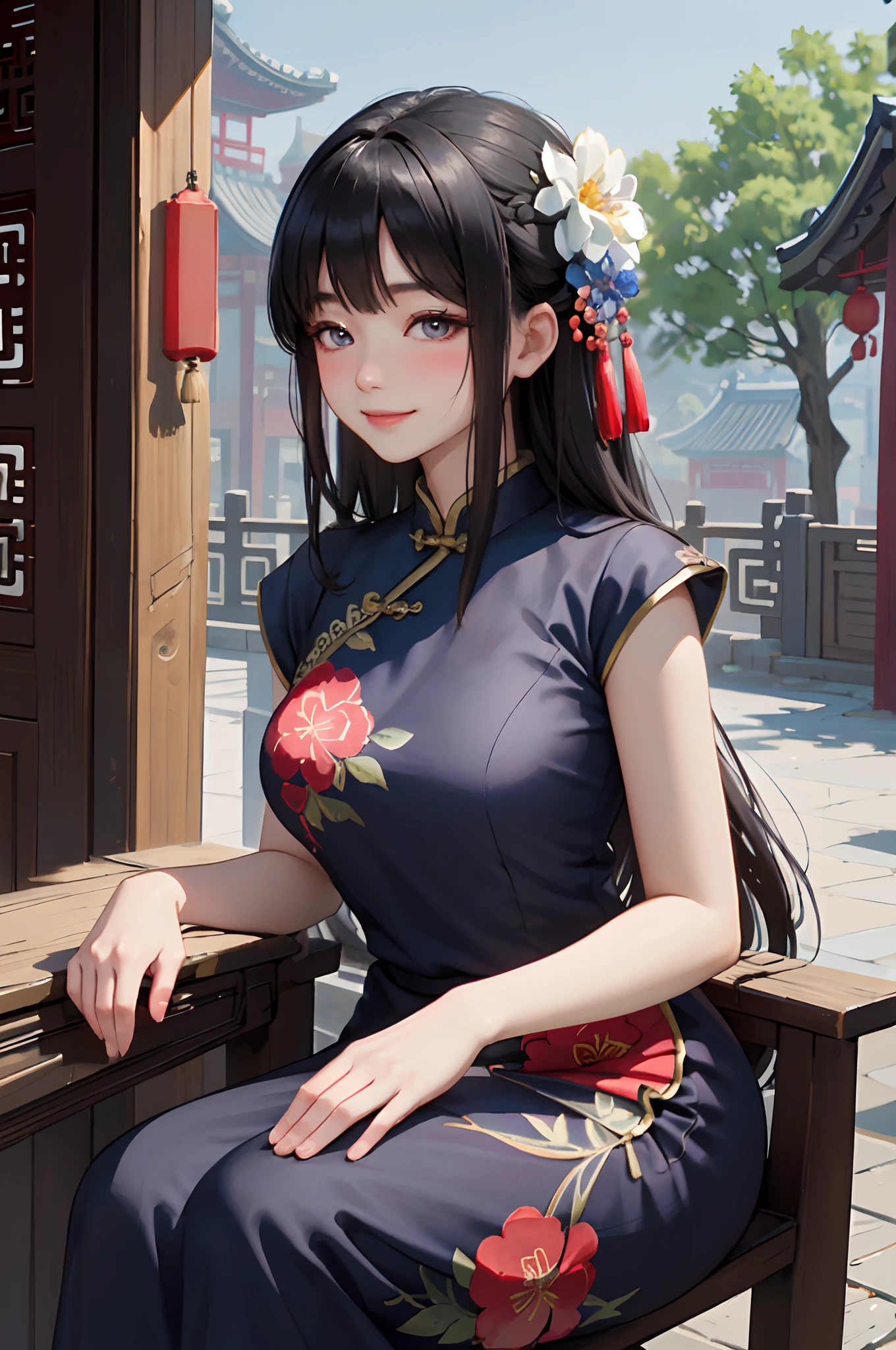 1lady solo, /(Chinese dress with floral embroidery/) deep blue dress, mature female, /(black hair/) bangs, blush kind smile, (masterpiece best quality:1.2) delicate illustration ultra-detailed, large breasts BREAK /(traditional townscape in China/), outdoors, detailed back ground