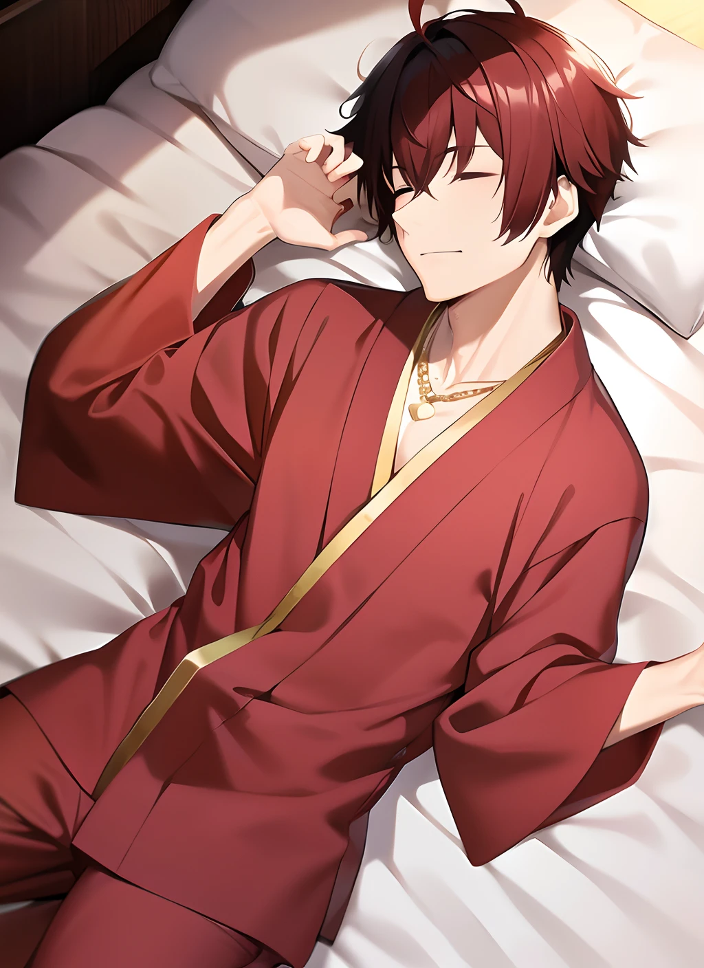 Mature male, bedroom, dark red hair, short hair, on bed, japanese clothes, sleepwear, on back, sleeping, the pose, gold necklace,