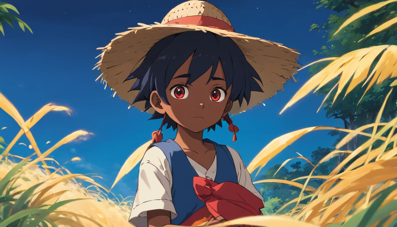 Mignon noir africain avec des yeux bleus et un chapeau de paille. Avec un petit corps et une grosse tête habillé d'une chemise rouge sans manche et d'un mini pantanlon bleu