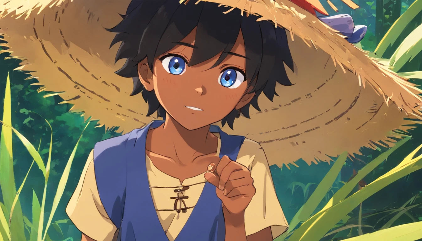 Mignon petit garçon noir africain avec des yeux bleus et un chapeau de paille. Avec un petit corps et une grosse tête habillé d'une chemise rouge sans manche et d'un mini pantanlon bleu