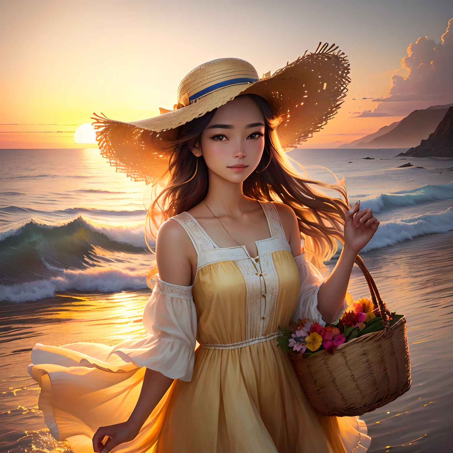 retrato, oil painting, cores vibrantes, detailed facial features, Flowing dress, sentado em uma doca de madeira, sun sunset, luz do sol iluminando seu rosto, sparkling water, Basket stuffed with freshly caught shrimp, conchas espalhadas ao redor, Sunset light reflecting on calm river in background, serene expression, Gentle breeze seething through your hair wearing a big old straw hat ,Golden sunset colors, Realistic texture, high resolution.wearing an old straw hat