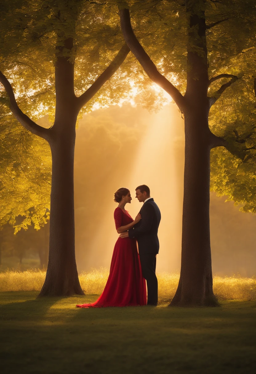 there is a man and woman standing next to each other, Lovely couple, against the backdrop of trees, imagem de perfil, foto do perfil, vacation photo, Casal feliz, foto colorida, they are in love, uma imagem inspirada no filme pixar