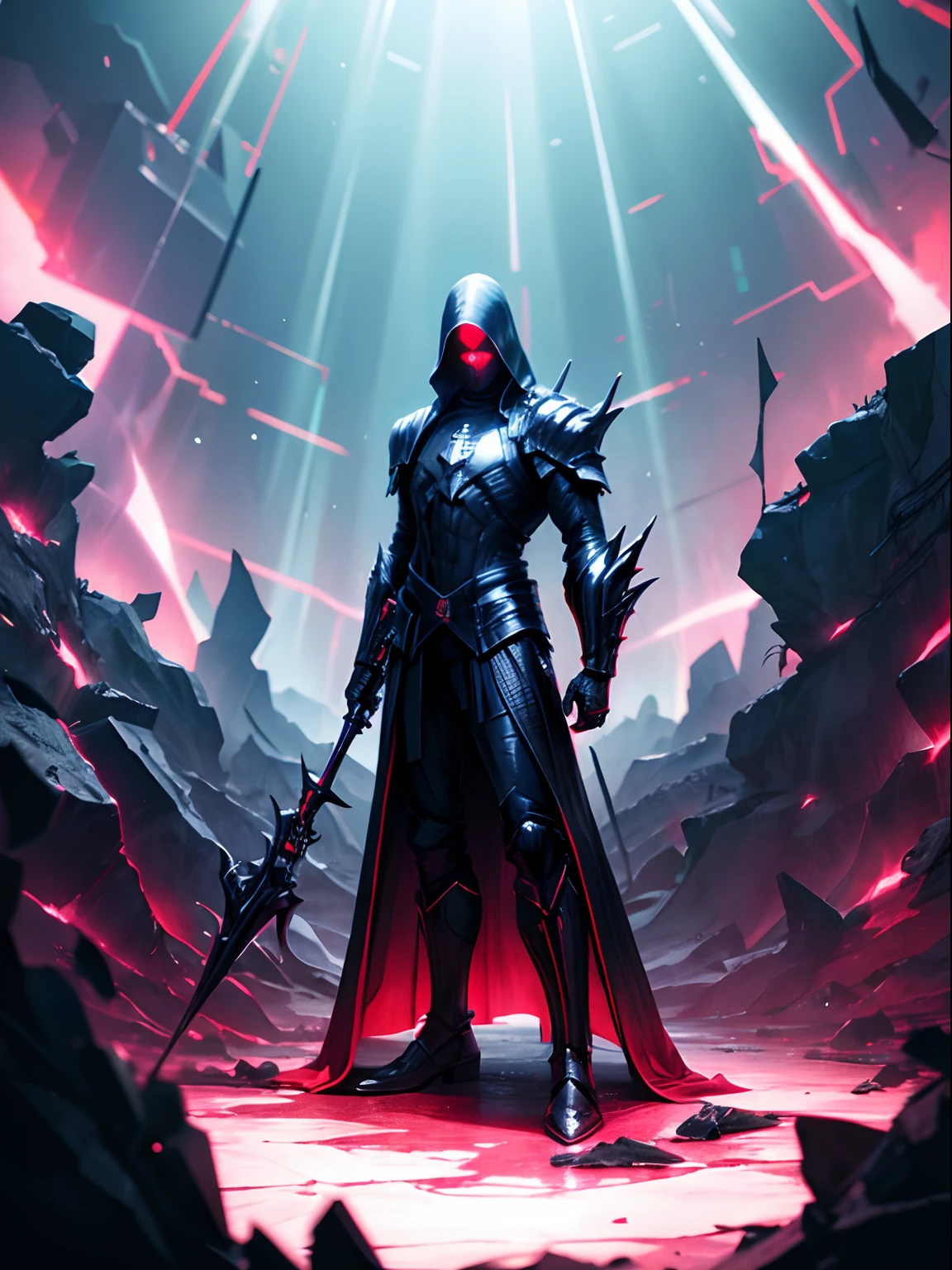 dark sith lord, high tech, synth wave, thorny black armor, 16:9 ratio, wide angle lense, male figure