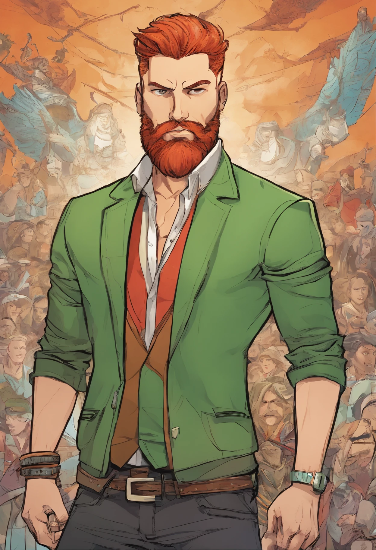 A closeup of a white man with a red beard and bald head wearing fancy clothes consisting of a brown jaguar painted jacket, regata branca por baixo da jaqueta, Dark grey jeans with black belt at the waist, sapatos marrons com biqueiras douradas. He also wears two gold chain necklaces around his neck and a long necklace with three rounded black pendants in the center, olhos verde-escuros, tiro de close-up de meio corpo, personagem masculino, Apenas um