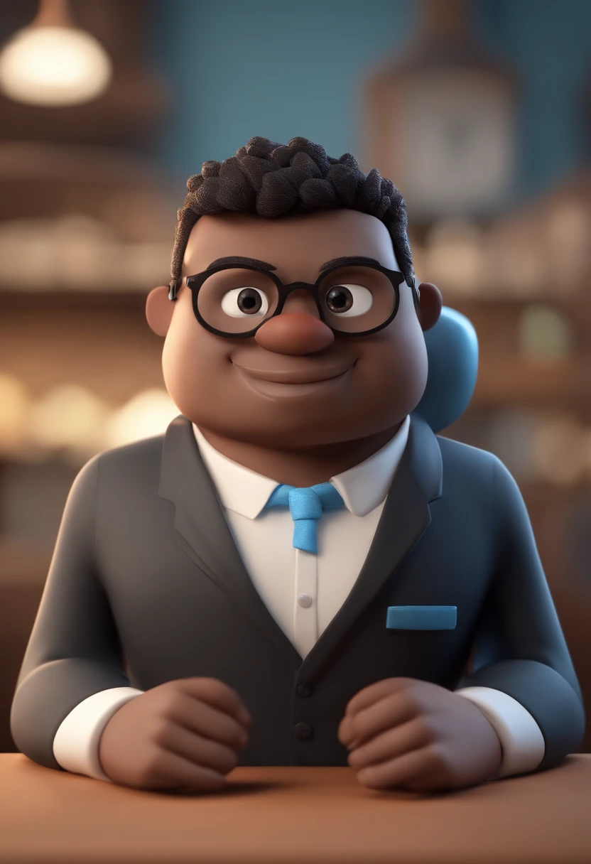 Cartoon character of a man wearing black glasses, com barba na cor branca, rosto redondo e uma camisa azul, um personagem animado, Caractere estilizado, animation style rendering, 3D estilizado, Arnold Maya render, 3 d render stylized, toon render keyshot, Personagem 3D, Personagem 3D, 3d rendering stylized, 3 d character render, personagem de desenho animado, Personagem de close up, Pose de personagem, (Estilo Pixar) (master part:1.2) (Bokeh) (best quality) (pele detalhada) (textura detalhada) (8k) (argila) (Cinematic lighting) (foco nítido,Senta e vaza a parte superior do corpo