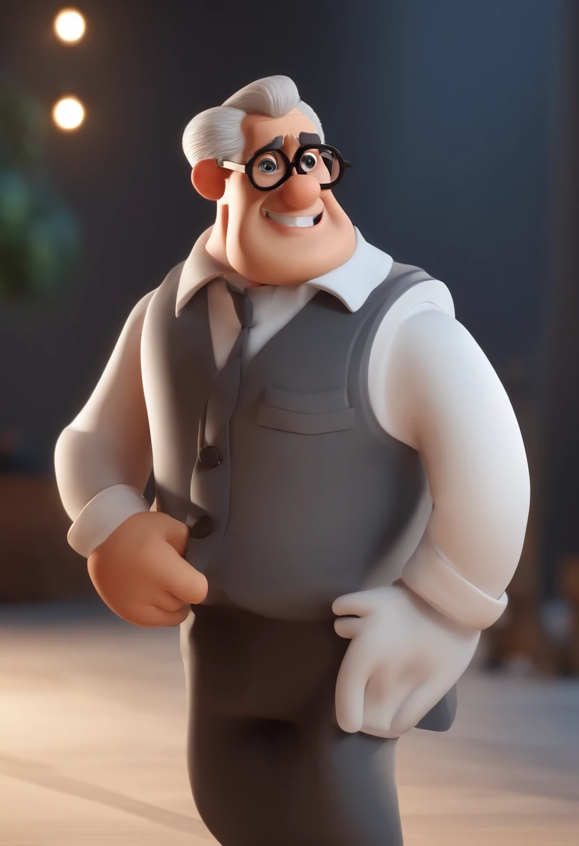Cartoon character of a man wearing black glasses, com barba na cor branca, rosto redondo e uma camisa azul, um personagem animado, Caractere estilizado, animation style rendering, 3D estilizado, Arnold Maya render, 3 d render stylized, toon render keyshot, Personagem 3D, Personagem 3D, 3d rendering stylized, 3 d character render, personagem de desenho animado, Personagem de close up, Pose de personagem, (Estilo Pixar) (master part:1.2) (Bokeh) (best quality) (pele detalhada) (textura detalhada) (8k) (argila) (Cinematic lighting) (foco nítido,Senta e vaza a parte superior do corpo