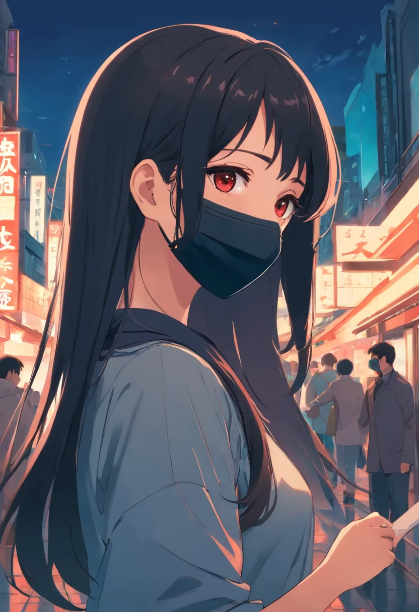 woman,Long black antique hair,Wearing a face mask on his face,Wear a slim stab customer service,The eyes are one red and one black