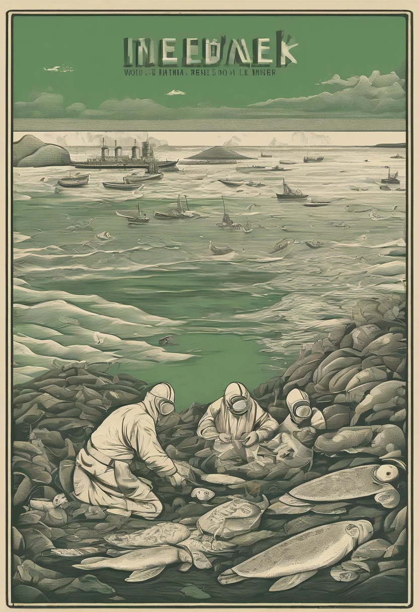 Polluted seawater,Dead fish floating in green water
Turtles lie dying on a beach full of garbage
Fishermen wearing protective masks protest by the sea
Scientists in protective suits take seawater samples to test for radioactivity
Dolphins and whales stranded on the beach struggle in pain
The feathers of seabirds fall off,Can't fly
The fish in the sea are swollen and deformed,Tumor overgrowth
Seaweed withers,Coral bleaching
Children wearing protective masks playing on contaminated beach
Mother in protective suit holding sick child crying
Abandoned nuclear power plants stand by the sea
Angry crowds held placards protesting the discharge of nuclear wastewater