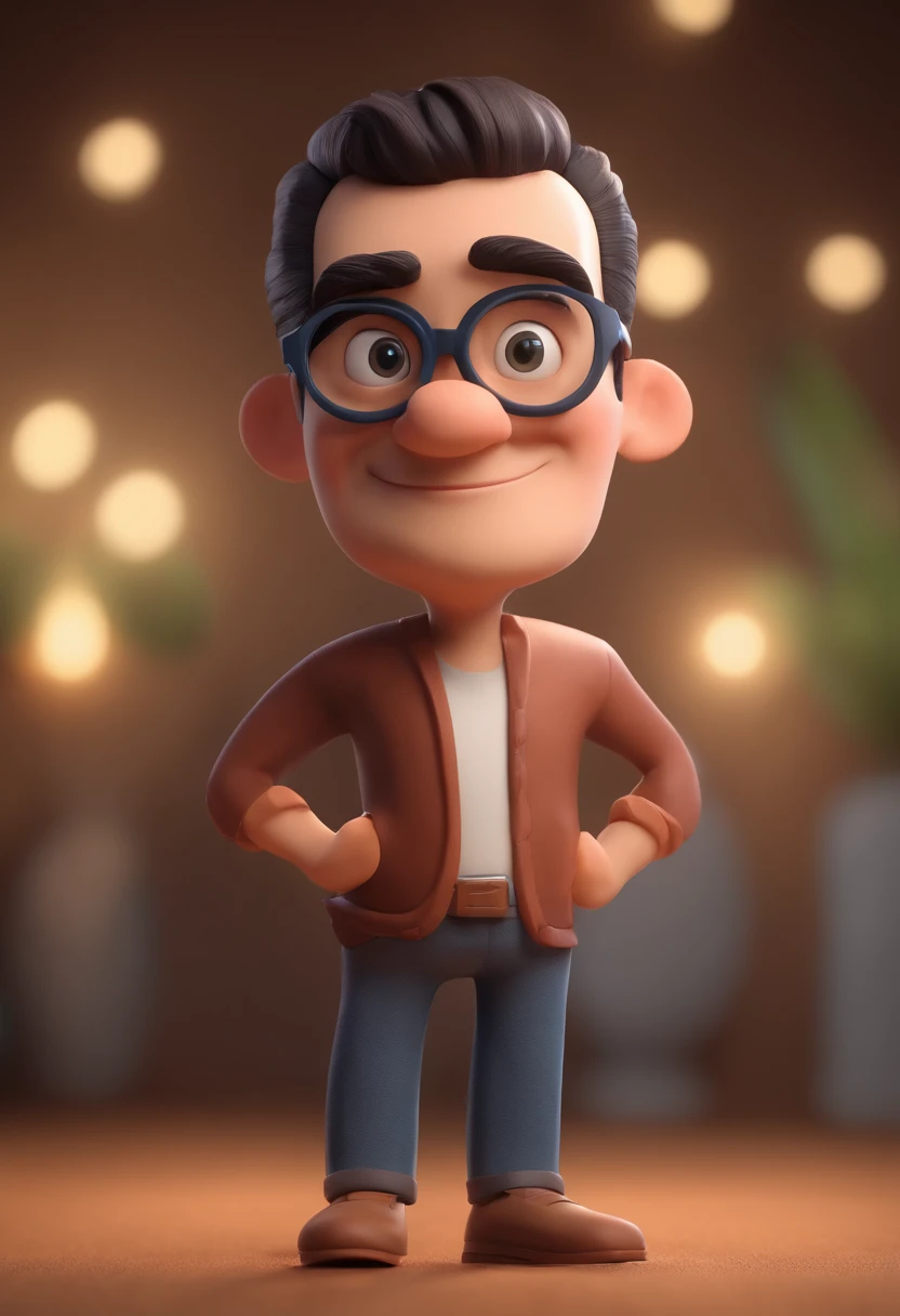 Cartoon character of a man wearing black glasses, cabelos pretos, barba branca e uma camisa azul, um personagem animado, Caractere estilizado, animation style rendering, 3D estilizado, Arnold Maya render, 3 d render stylized, toon render keyshot, Personagem 3D, Personagem 3D, 3d rendering stylized, 3 d character render, personagem de desenho animado, Personagem de close up, Pose de personagem, (Estilo Pixar) (master part:1.2) (Bokeh) (best quality) (pele detalhada) (textura detalhada) (8k) (argila) (Cinematic lighting) (foco nítido,Senta e vaza a parte superior do corpo
