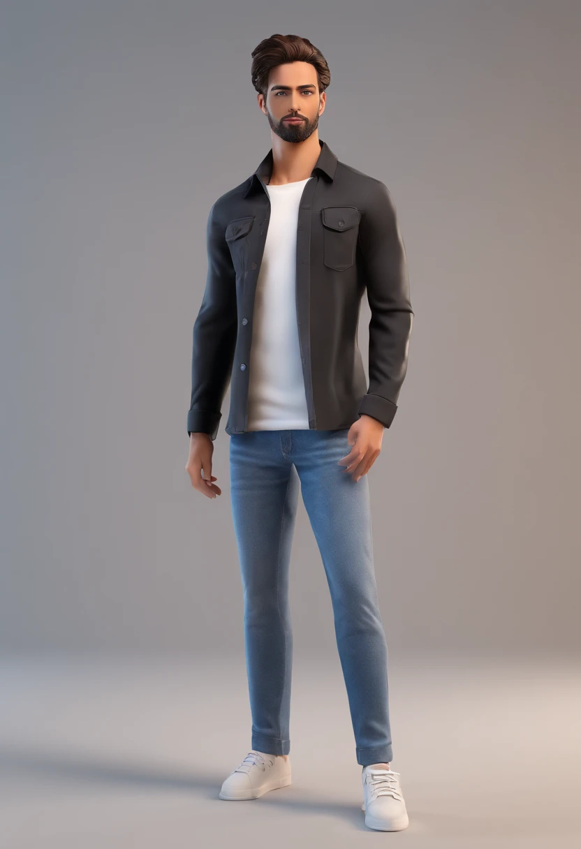 homem, gordinho, mediano, sem barba, cabelo castanho, camisa social branca, Denim Jeans Pants, sapato preto.