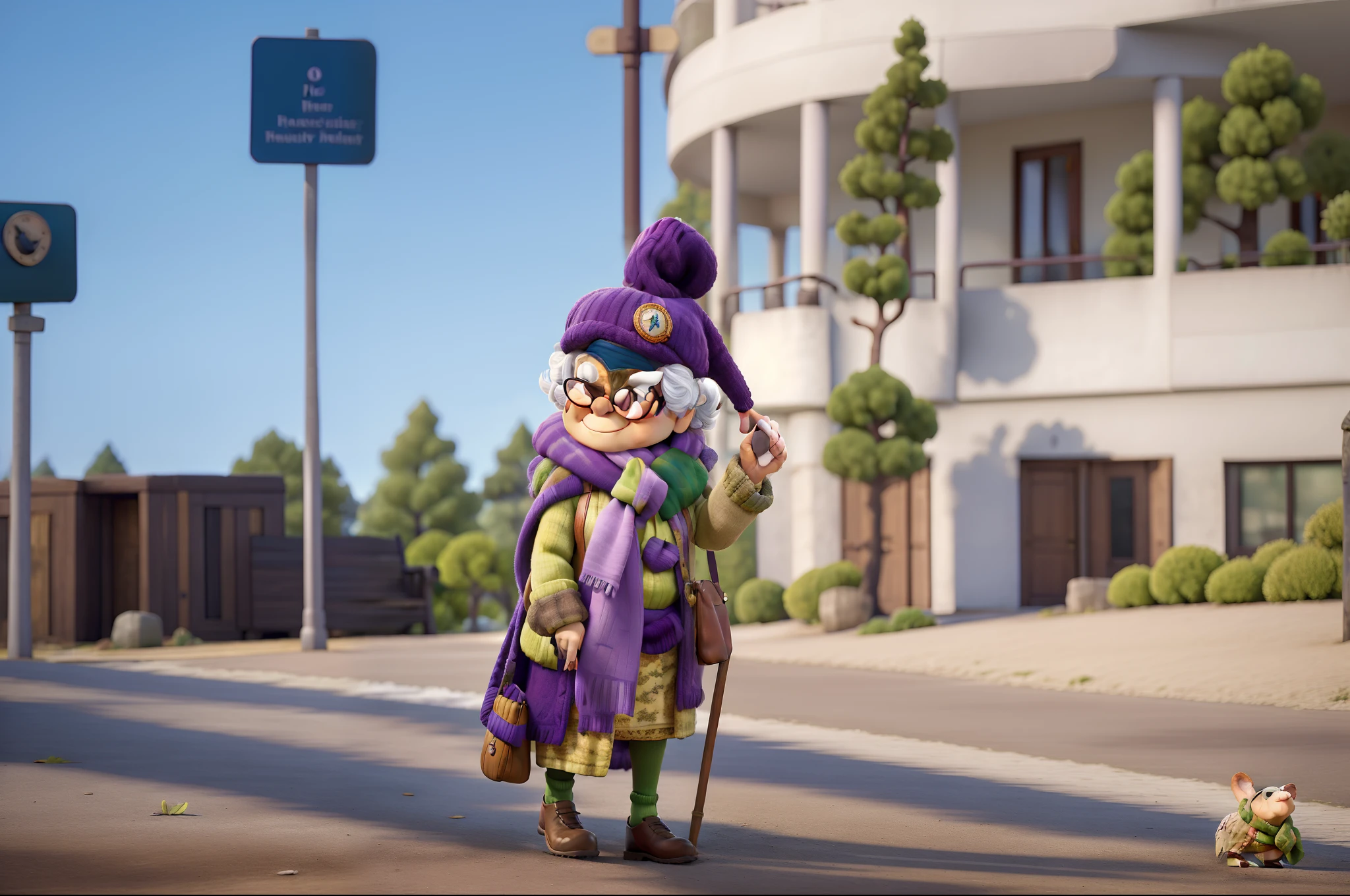 masterpiece, best quality, an old woman with glasses and a scarf on, wearing a purple coat and green scarf, standing at the park