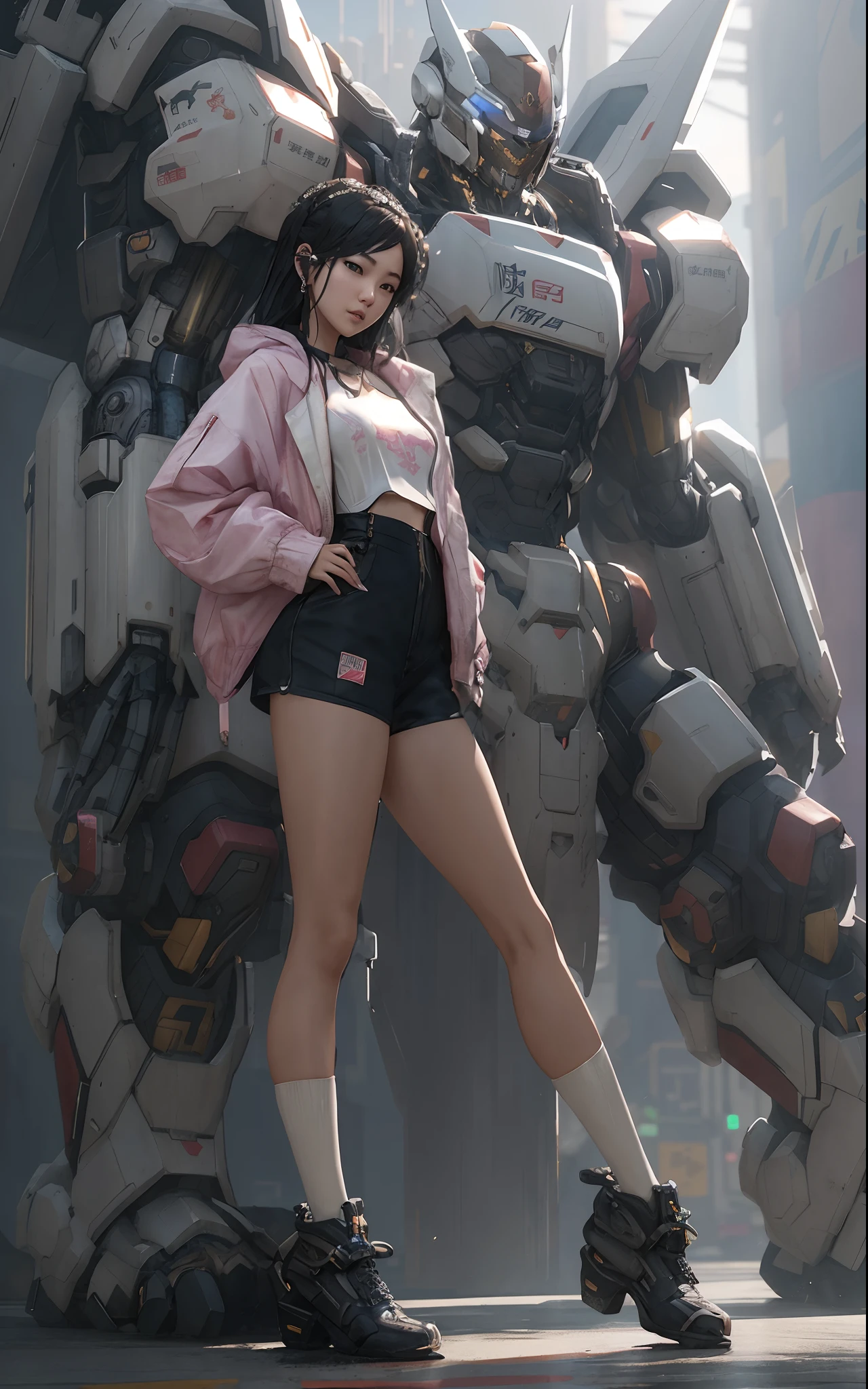 A girl in short shorts and a jacket stands next to a giant robot live-action SEO.., Illustration in the style of Guweiz, Cyberpunk 16 Year Old Spanish Girl Mech, G-Station, guweiz, in door : Russell Dongjun Lu, Digital Cyberpunk Art, ross tran 8 k, Guweiz at Artstation Pixiv , Mecha Cyber Armor GirlHigh Quality and Contrast Photos, unreal engine 5, Wide angle of view, Depth of field, Hyper-detail skins, Color Correction, Crazy details, Color Correction, hyperrealism, lifelike (Top  Quality, Masterpiece, 4k, The ultra-detailliert, edgy) focusing, 8K , High definition, It's incredibly detailed and complex.: 1.2)