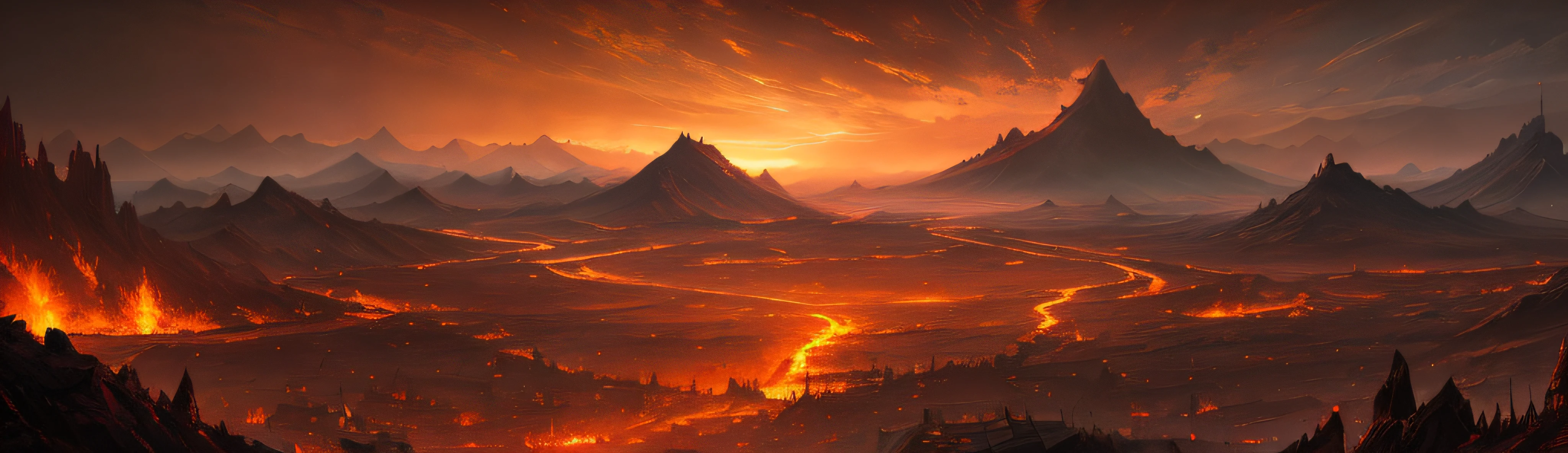 There is a fantasy scenario，There is fire, The background of China's burning battlefield, fantasy apocalypse environment, War landscape, battle landscape, 4k morrowind concept art, apocalyptic scenery, The aftermath of the First World War, apocalyptic landscape, background artwork, painted as a game concept art, Background: Battle scene, bloodbath battlefield background, dota! matte painting concept art，Cinematic lighting, Chiaroscuro, High detail, High detail, surrealism, Social realism, Sony FE GM, Ultra-wide angle, in a panoramic view, projected inset