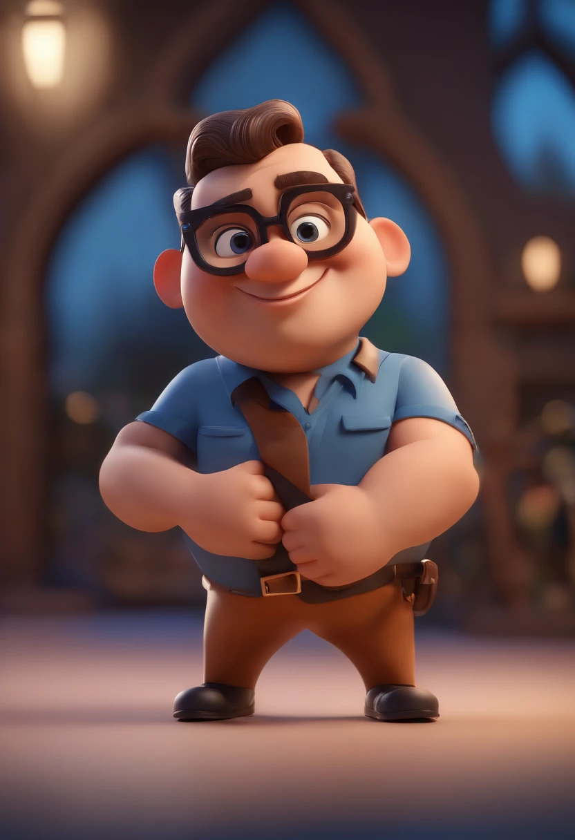 Cartoon character of a chubby man with black glasses and a blue shirt, phtograph, animation character, Caractere estilizado, animation style rendering, 3D estilizado, Arnold Maya render, 3 d render stylized, toon render keyshot, Personagem 3D, Personagem 3D, 3d rendering stylized, 3 d character render, personagem de desenho animado, Personagem de close up, Pose de personagem, (Estilo Pixar) (master part:1.2) (Bokeh) (best quality) (pele detalhada) (textura detalhada) (8k) (argila) (Cinematic lighting) (foco nítido