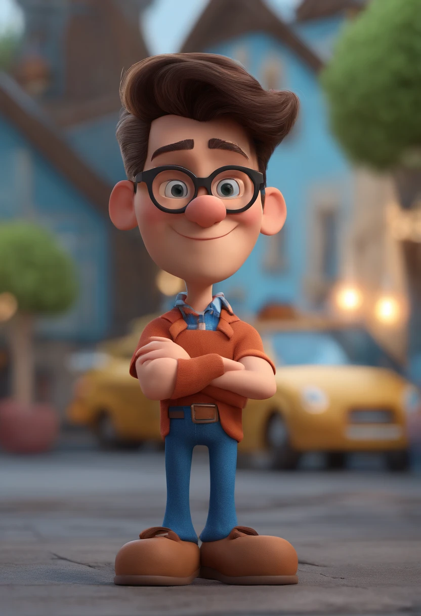 Cartoon character of a man with black glasses and a blue shirt, animation character, Caractere estilizado, animation style rendering, 3D estilizado, Arnold Maya render, 3 d render stylized, toon render keyshot, Personagem 3D, Personagem 3D, 3d rendering stylized, 3 d character render, personagem de desenho animado, Personagem de close up, Pose de personagem, (Estilo Pixar) (master part:1.2) (Bokeh) (best quality) (pele detalhada) (textura detalhada) (8k) (argila) (Cinematic lighting) (foco nítido