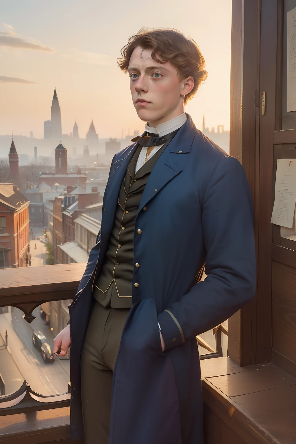 year: 1861. Location: Cincinnati. Pre-Raphaelite (((18-year-old George MacKay))), staring at the city streets in fascination, ((excited look)), ((((casual Clothing from the 1860s)))) ((Hairstyle of the 1860s)), ((("OMITB" cinematography)))