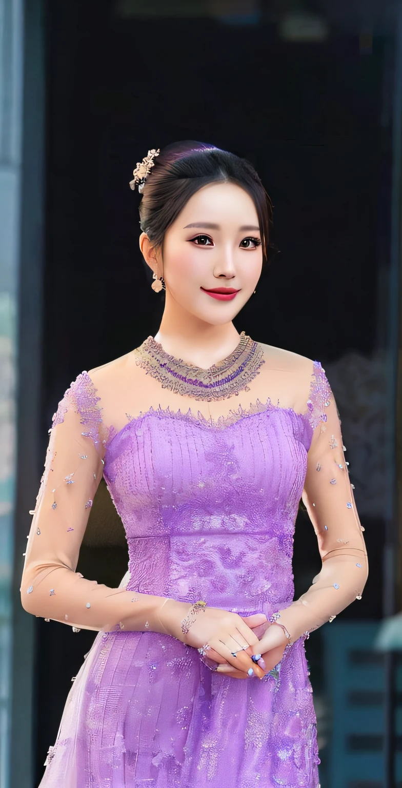 a woman in a purple dress is posing for a picture, in style of lam manh, ao dai, garbed in a purple gown, mai anh tran, dang my linh, nivanh chanthara, purple dress, dilraba dilmurat, wearing an evening gown, quy ho, traditional art, traditional beauty, wearing long gown