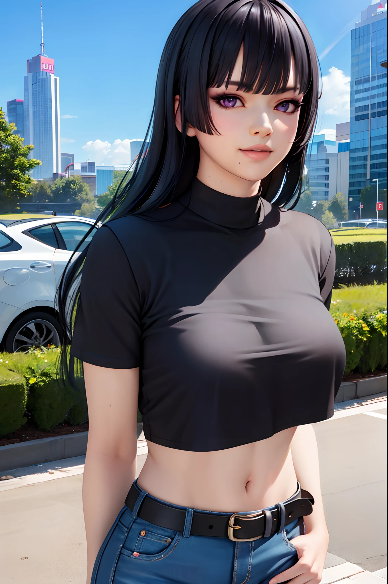 1girl, bangs, belt, black hair, blunt bangs, cowboy shot, crop top, day, lips, long hair, looking at viewer, midriff, jeans, black T-shirt, nyotengu, city, outdoors, tall building, purple eyes, shirt, short sleeves, sky, smile, solo, (masterpiece:1.4),(best quality:1.4),(shiny skin),steaming body, upper body