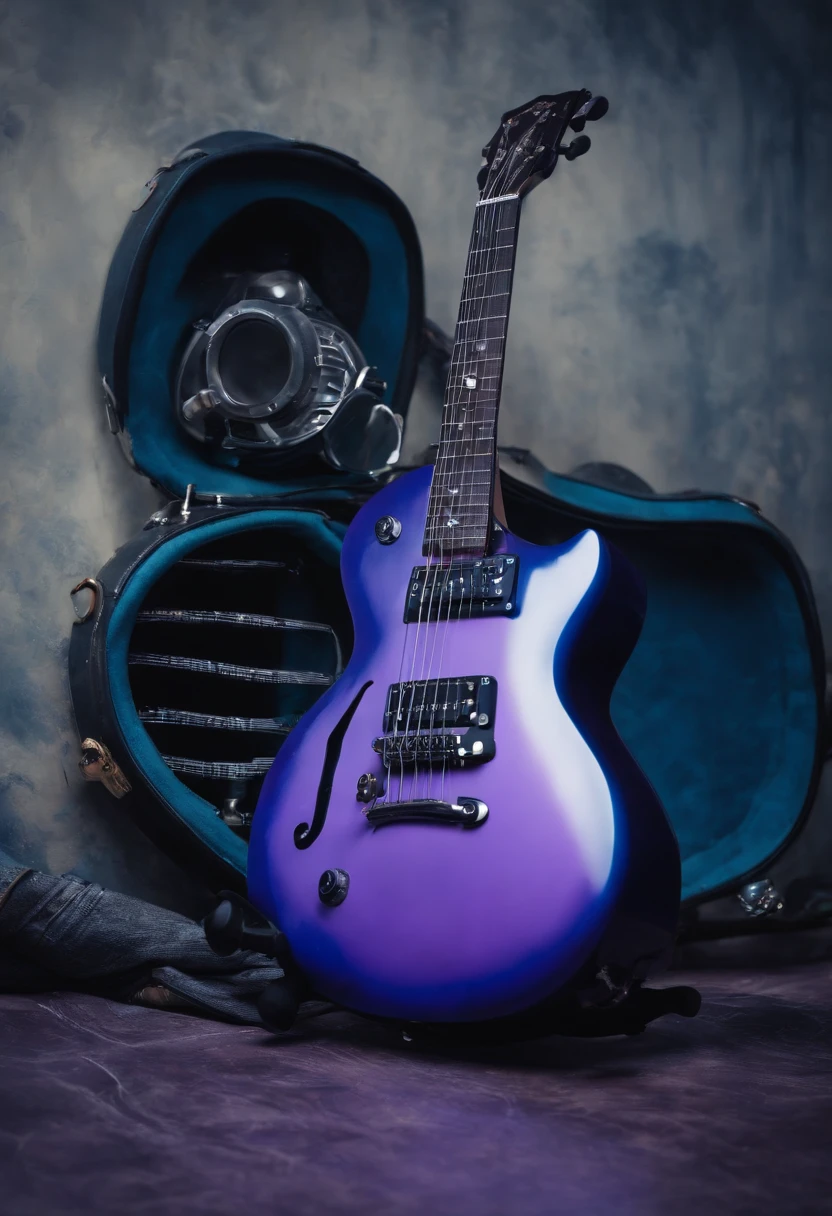 Caveira, moto bobber, guitarra, SPIRITS, Remnants of musical instruments thrown on the floor, equipamentos de som, Sky in a blue tone with purple and lilac.